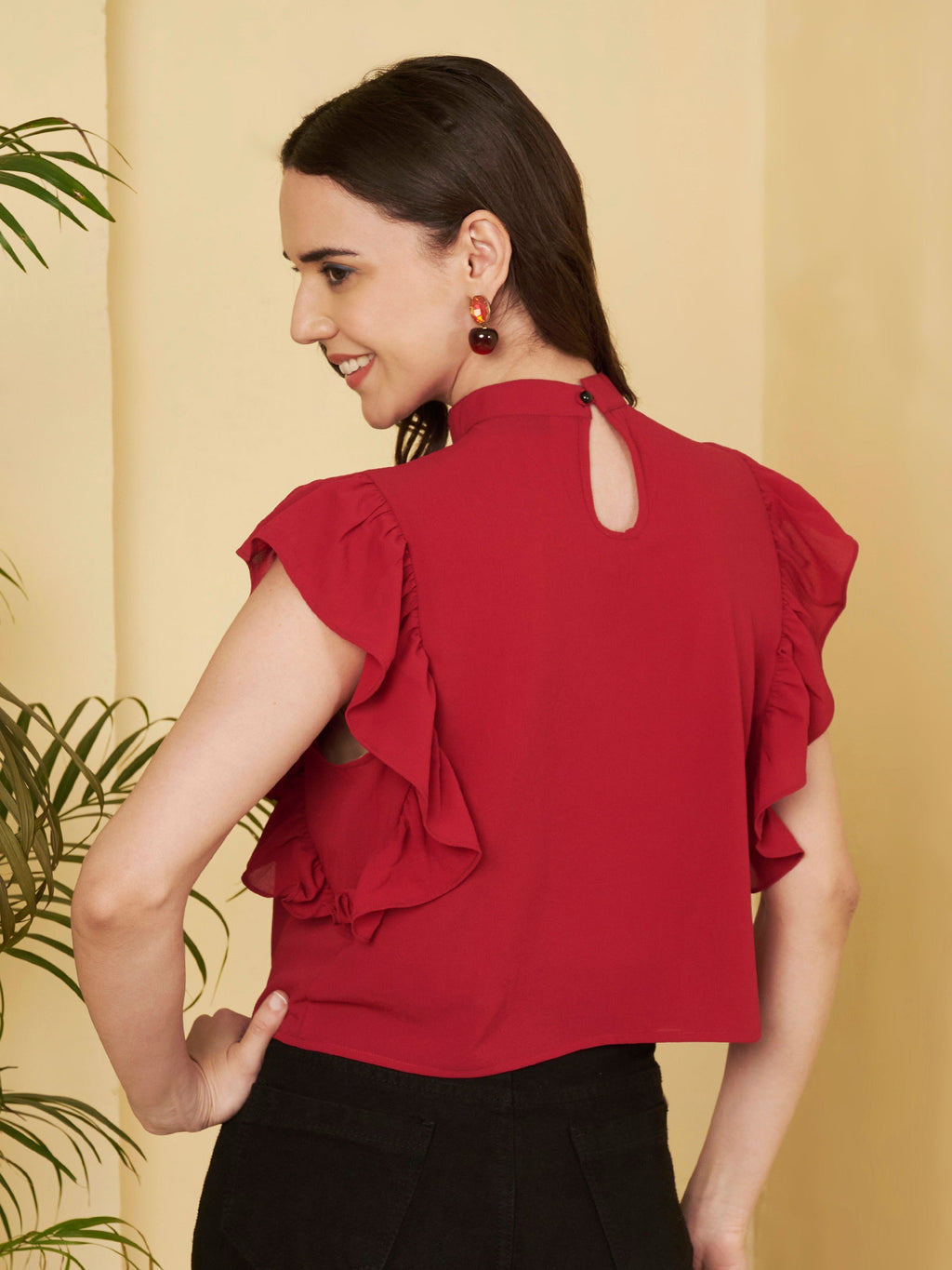 Women's High Neck Ruffle Sleeve Top