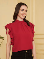Women's Red High Neck Ruffle Sleeve Top
