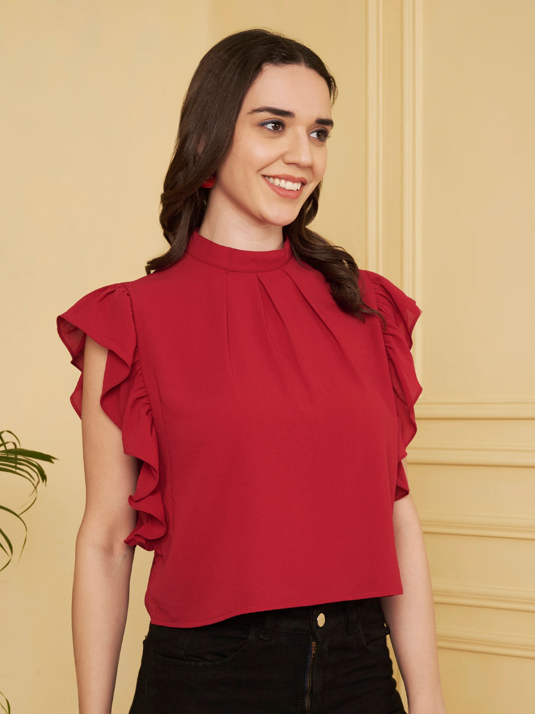 Women's Red High Neck Ruffle Sleeve Top