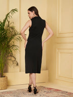 Women's Black Textured Sleeveless Polo Collar Midi Dress