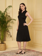 Women's Black Textured Sleeveless Polo Collar Midi Dress