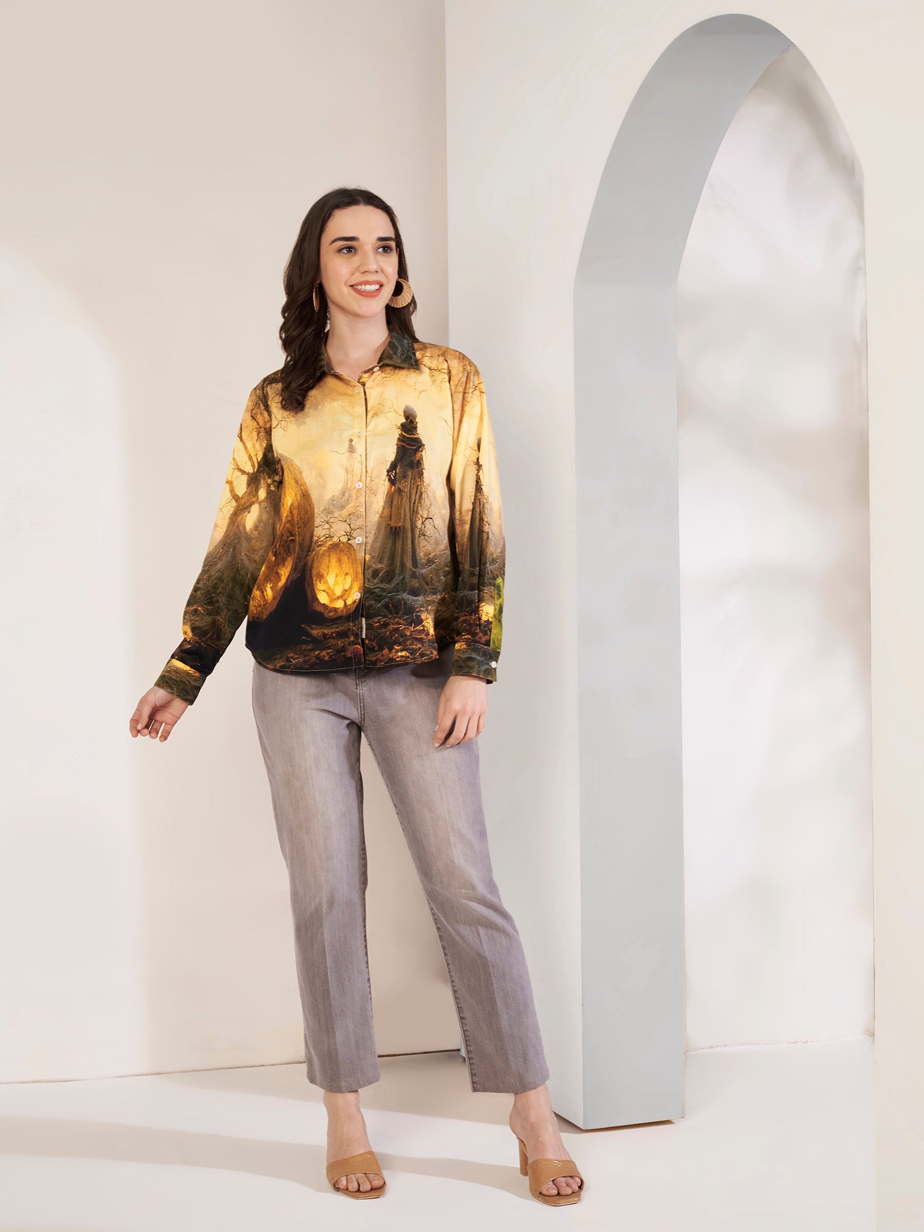 Women's Mystical Forest Art Print Full Sleeve Button-Down Shirt