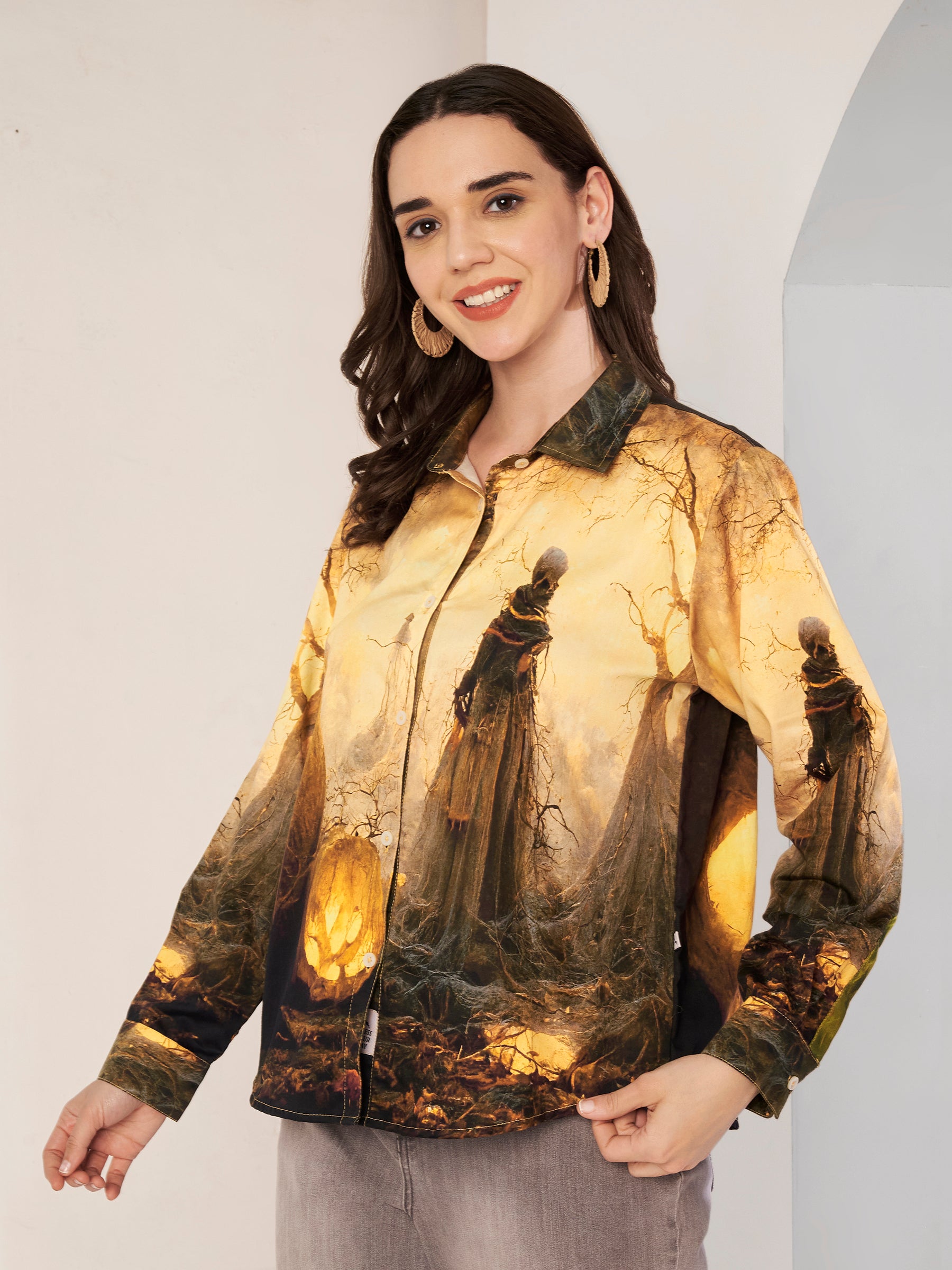 Women's Mystical Forest Art Print Full Sleeve Button-Down Shirt
