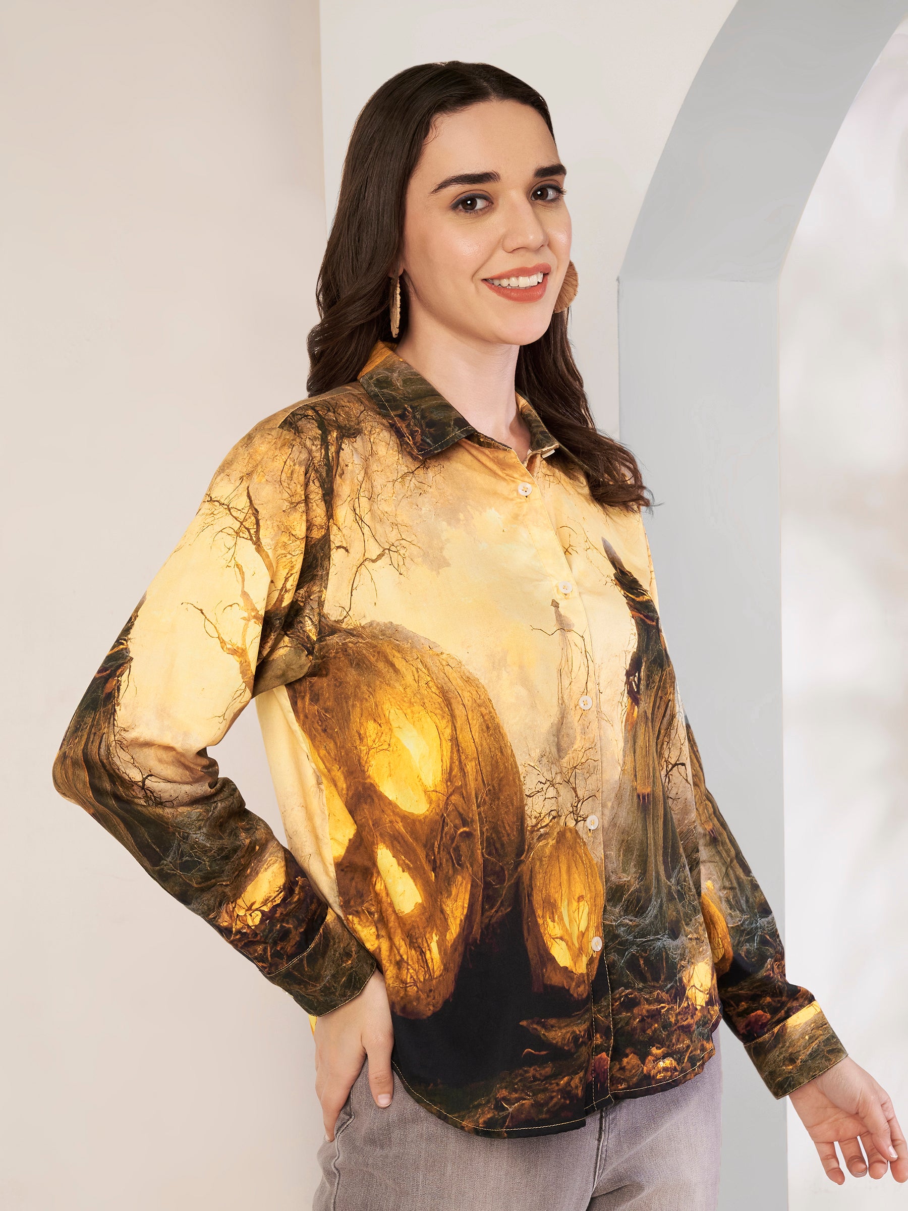 Women's Mystical Forest Art Print Full Sleeve Button-Down Shirt