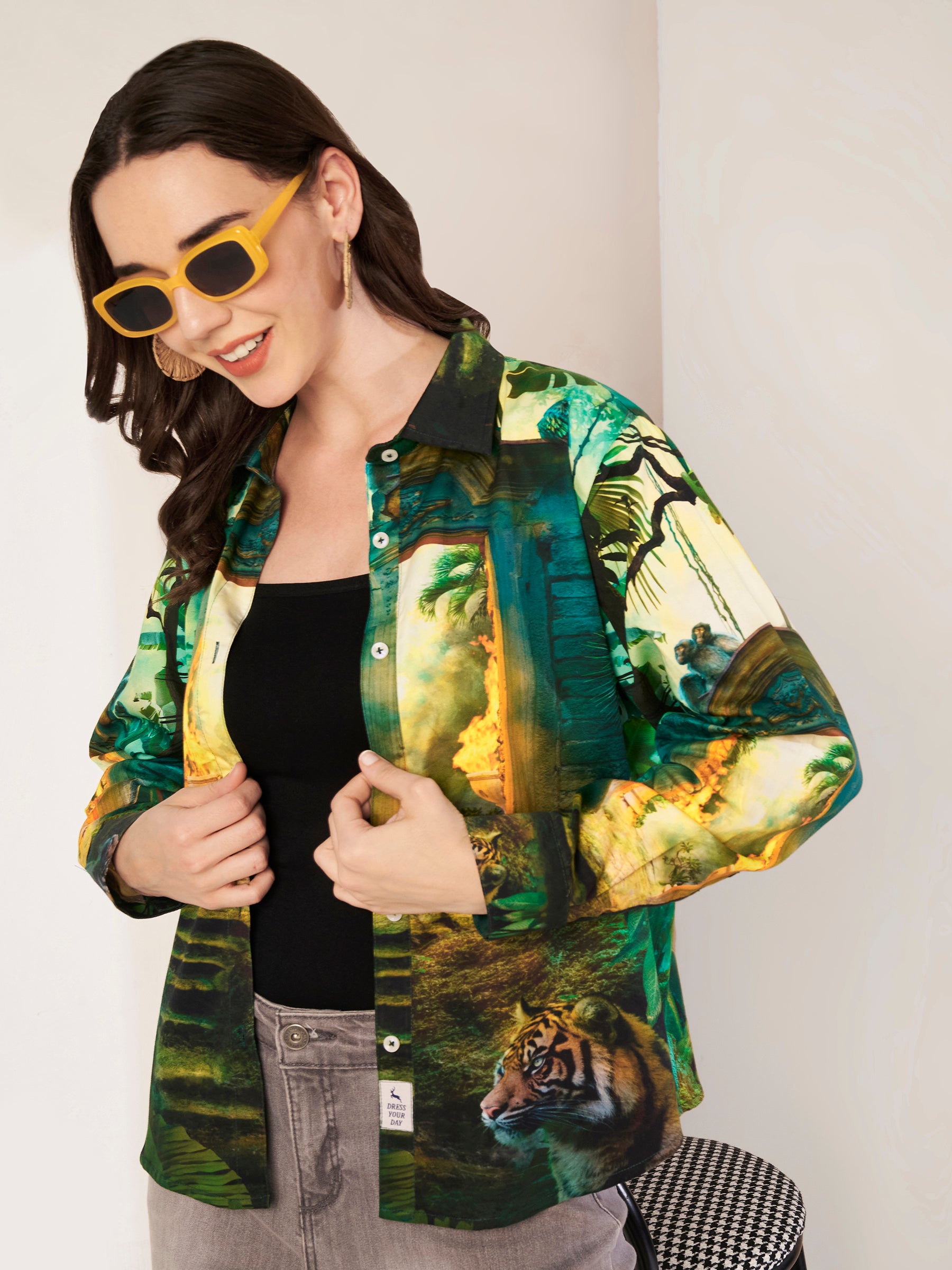 Women's Jungle Print Full Sleeve Button-Down Shirt