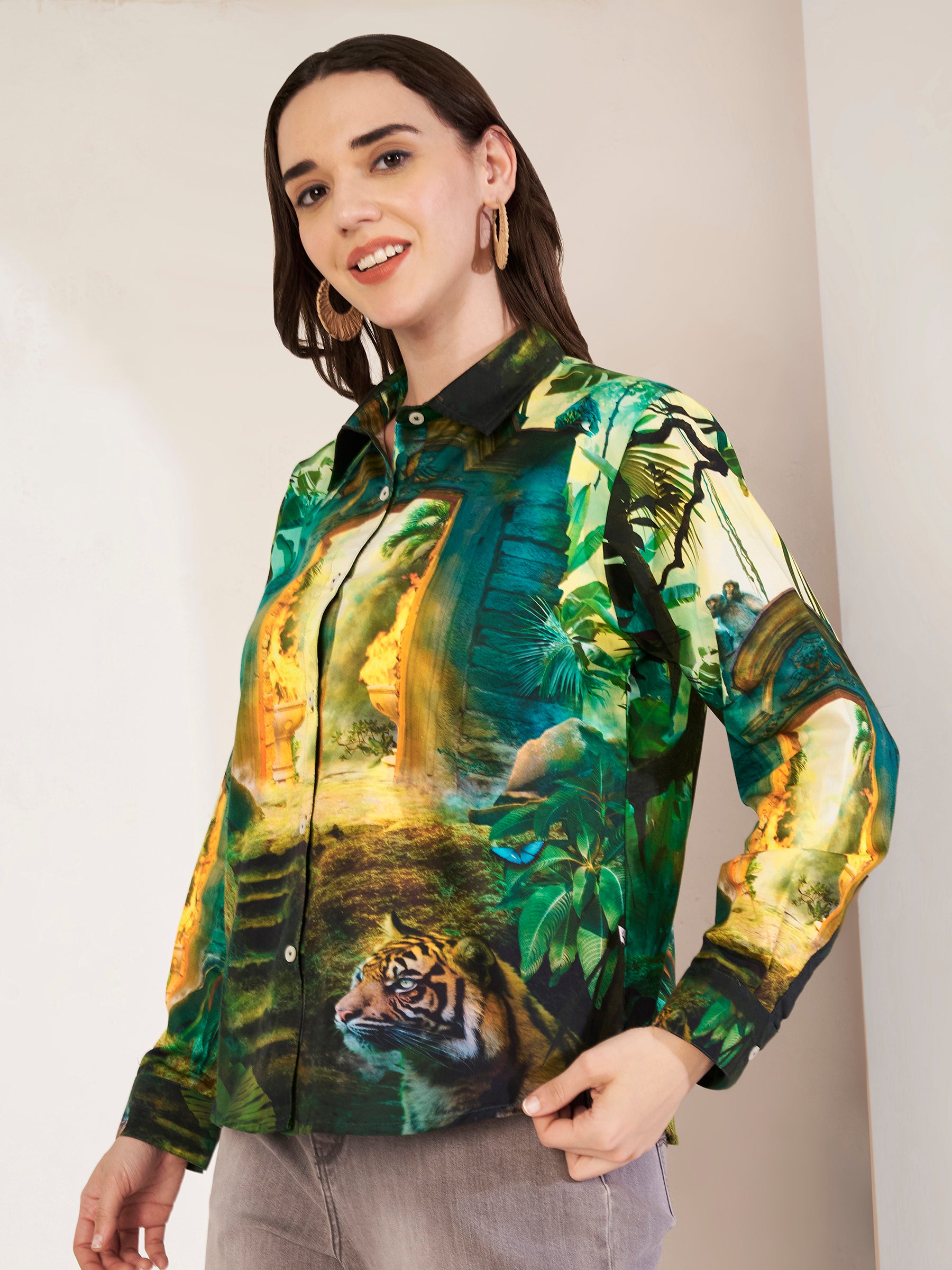Women's Jungle Print Full Sleeve Button-Down Shirt