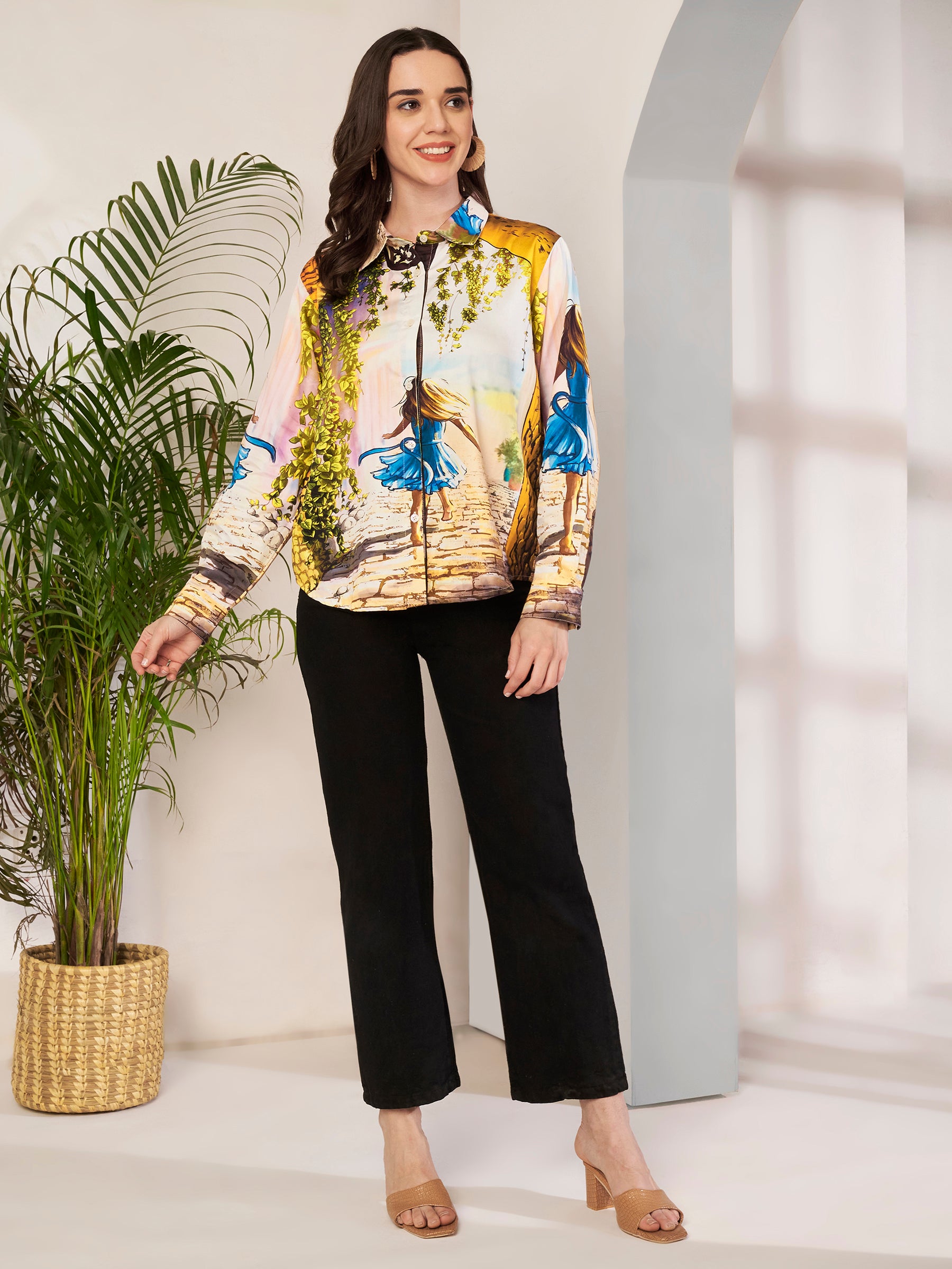 Women's Artistic Girl Print Full Sleeve Button-Down Shirt
