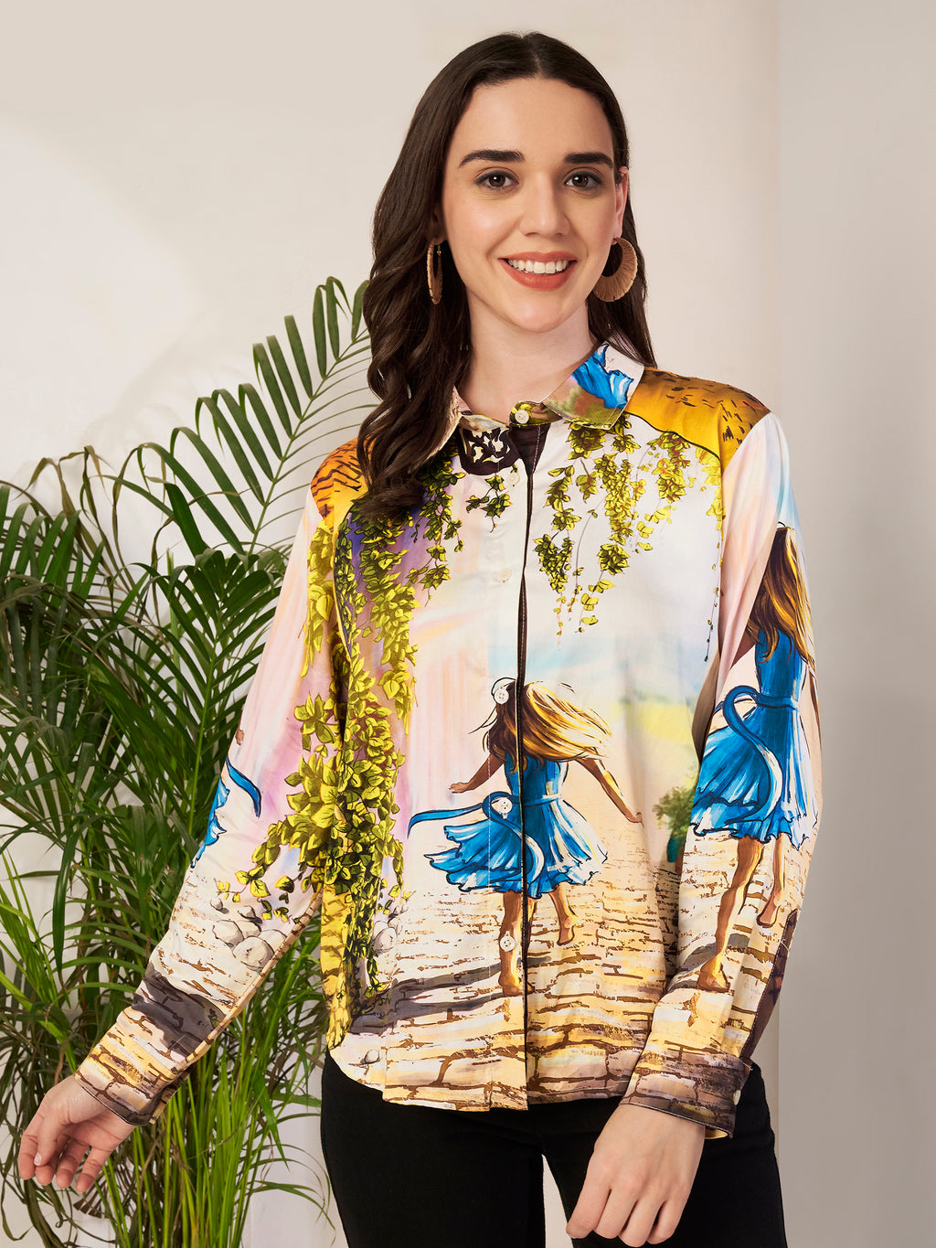 Women's Artistic Girl Print Full Sleeve Button-Down Shirt