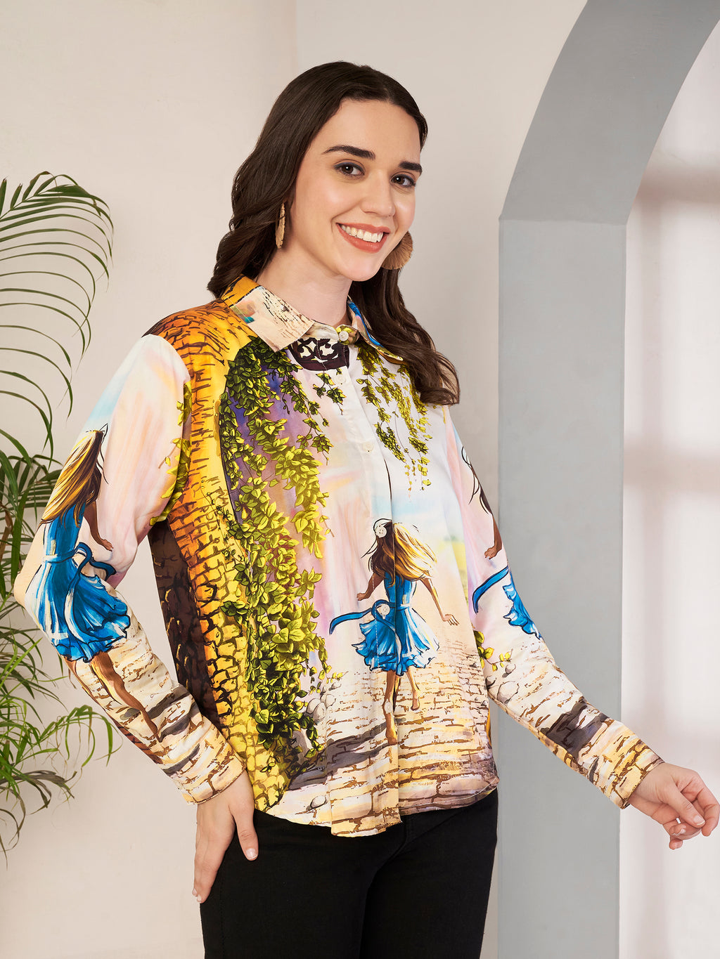 Women's Artistic Girl Print Full Sleeve Button-Down Shirt
