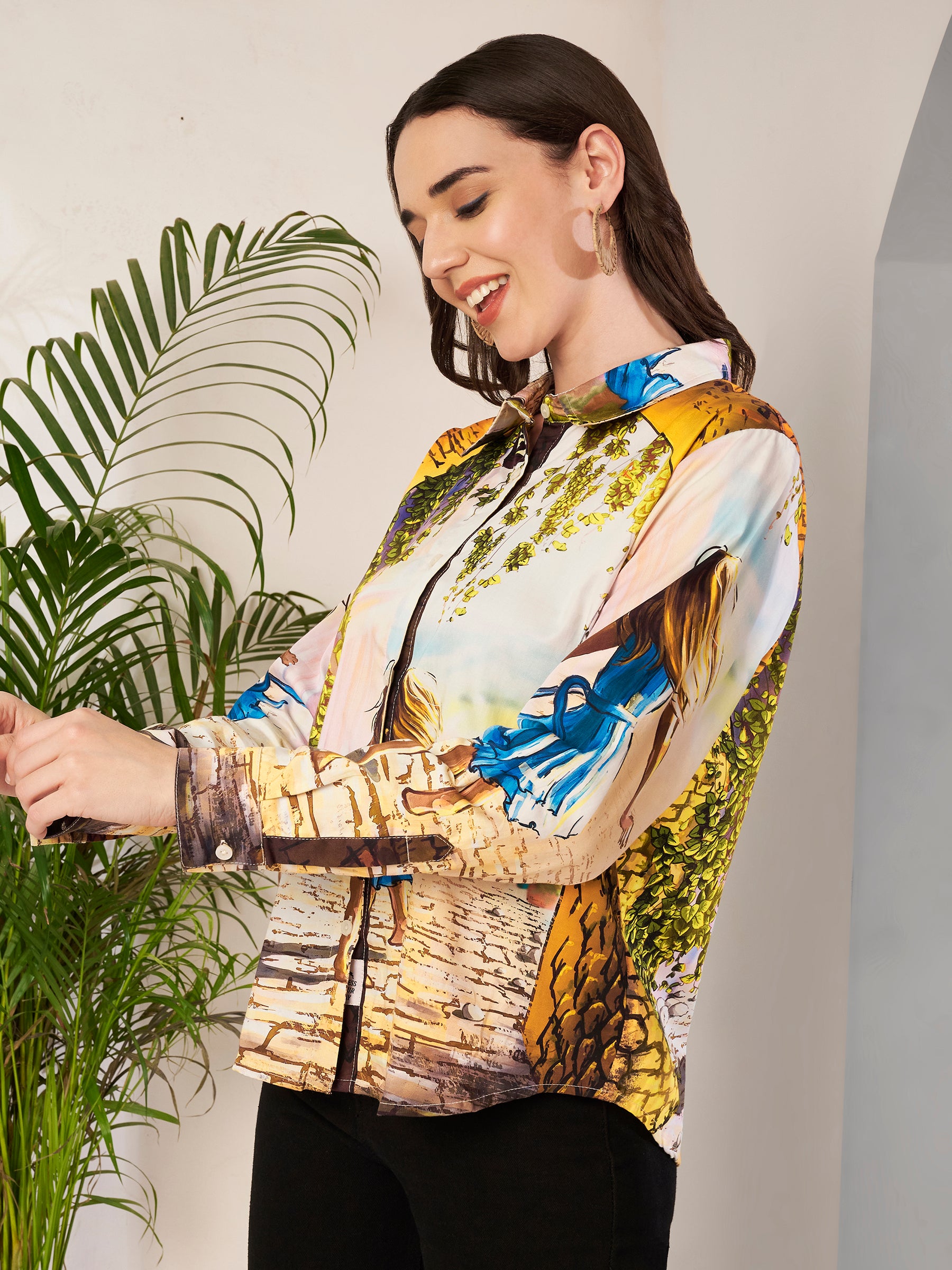Women's Artistic Girl Print Full Sleeve Button-Down Shirt