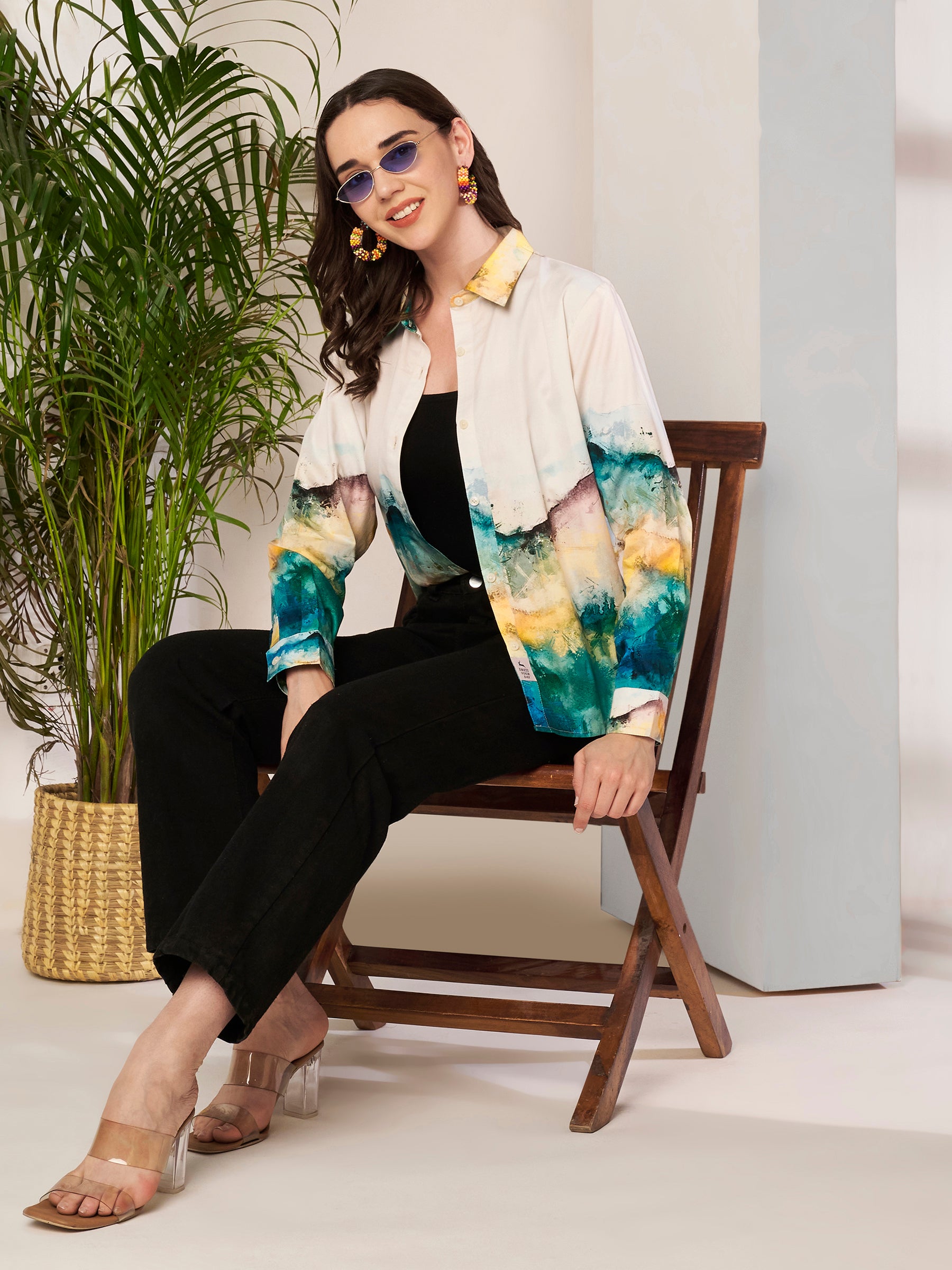 Women's Abstract Landscape Print Full Sleeve Button-Down Shirt