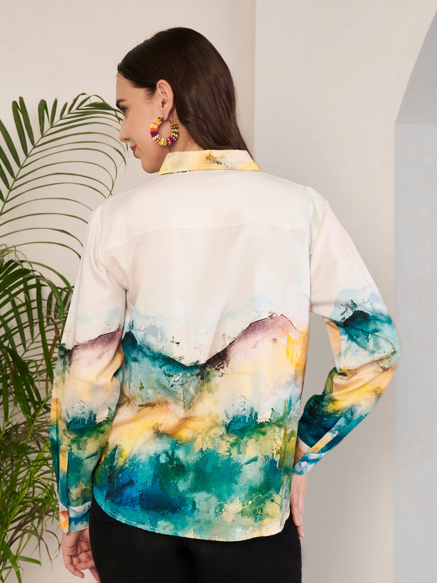 Women's Abstract Landscape Print Full Sleeve Button-Down Shirt