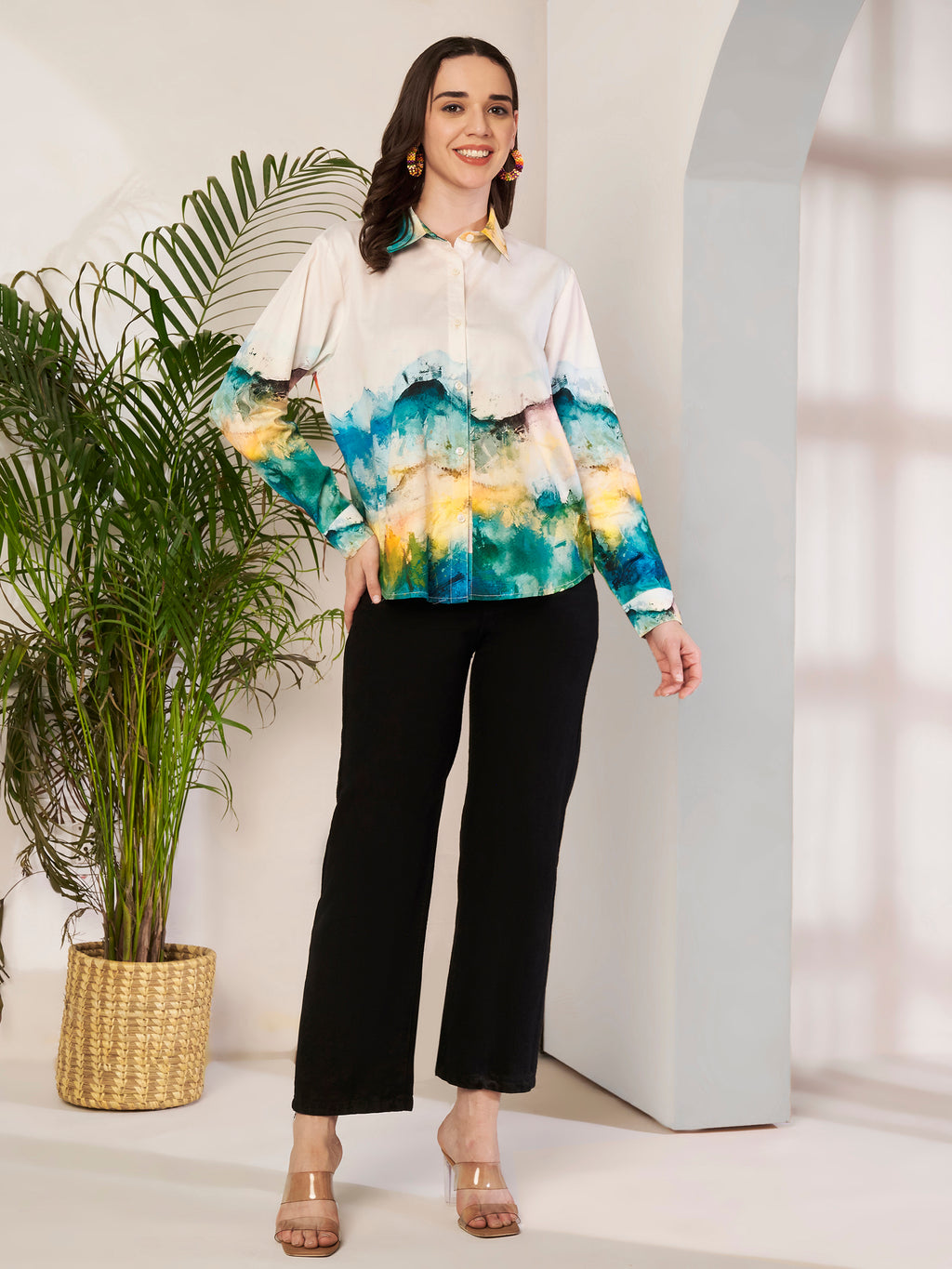 Women's Abstract Landscape Print Full Sleeve Button-Down Shirt