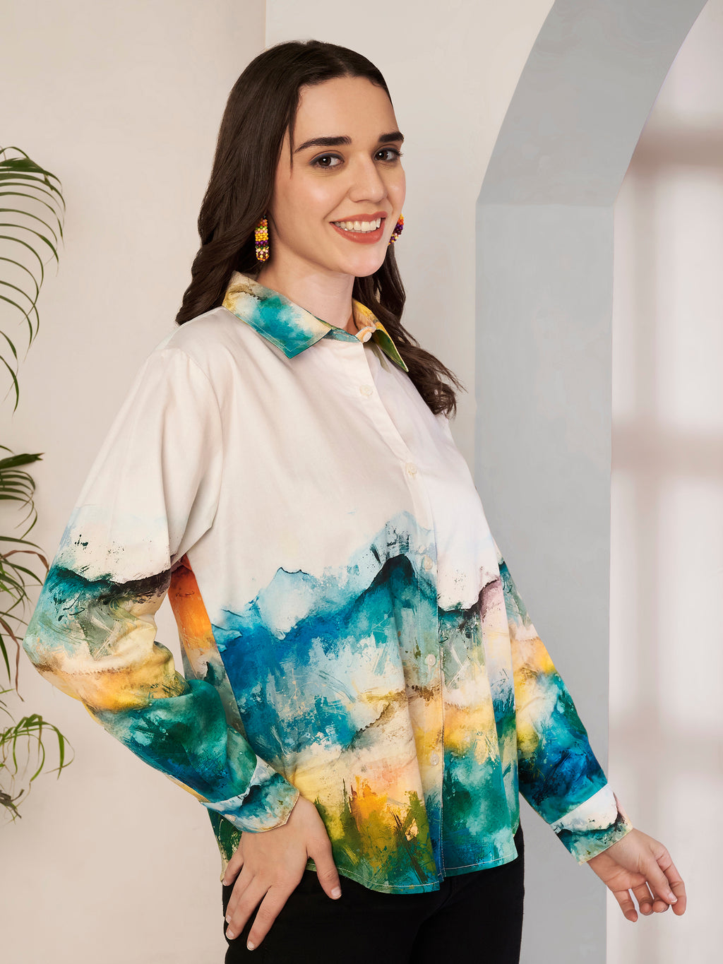 Women's Abstract Landscape Print Full Sleeve Button-Down Shirt