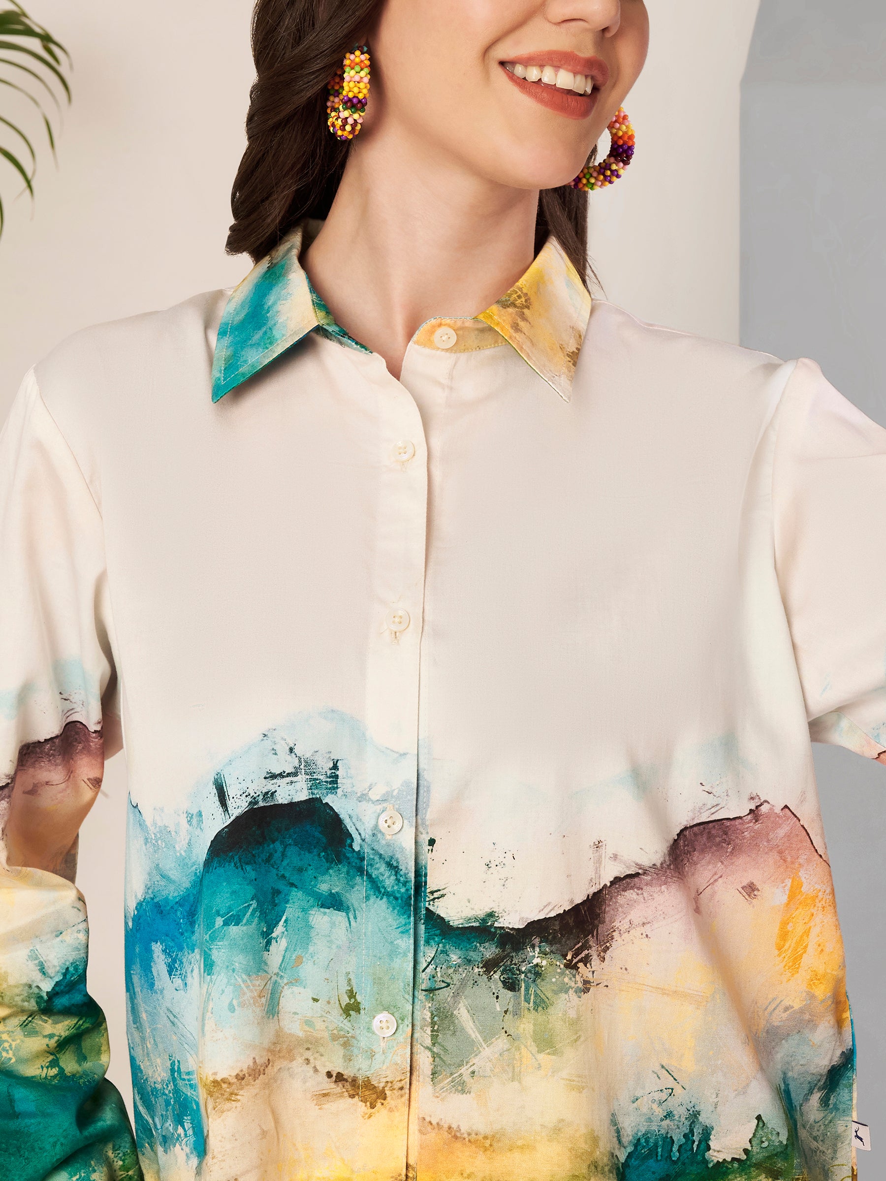 Women's Abstract Landscape Print Full Sleeve Button-Down Shirt
