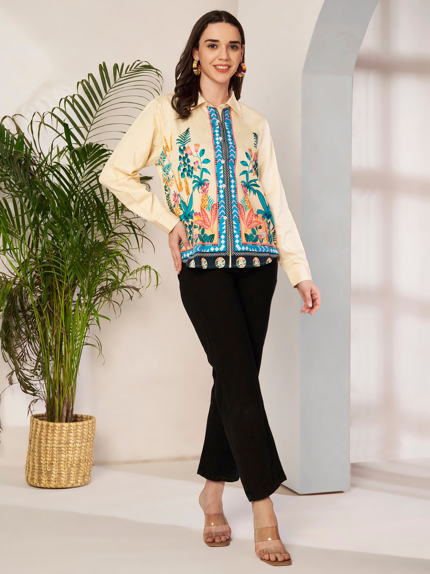 Women's Tropical Botanical Print Full Sleeve Button-Down Shirt