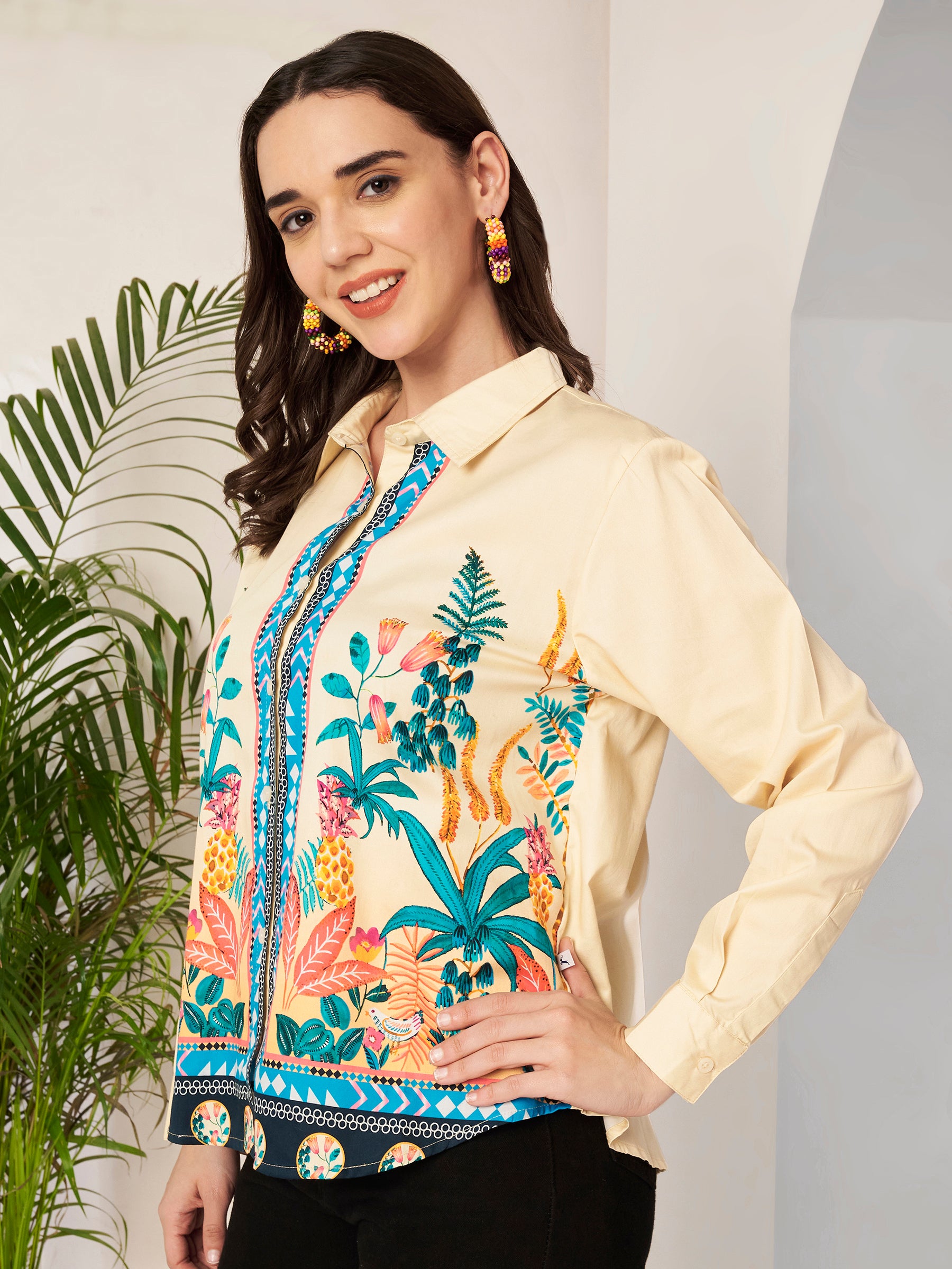 Women's Tropical Botanical Print Full Sleeve Button-Down Shirt
