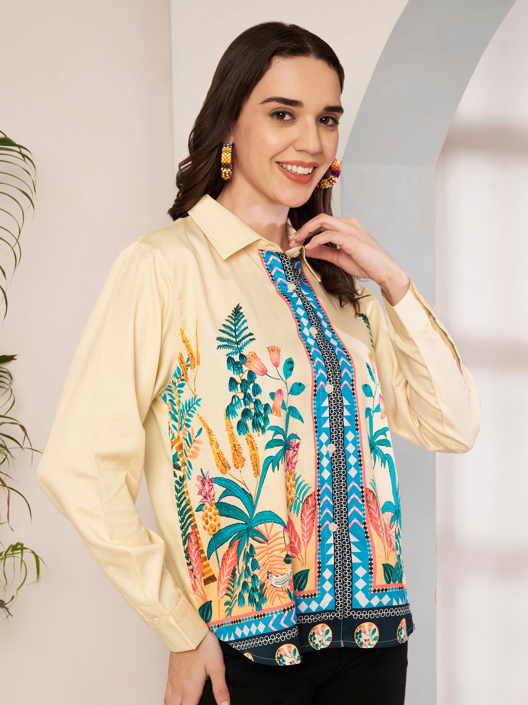 Women's Tropical Botanical Print Full Sleeve Button-Down Shirt