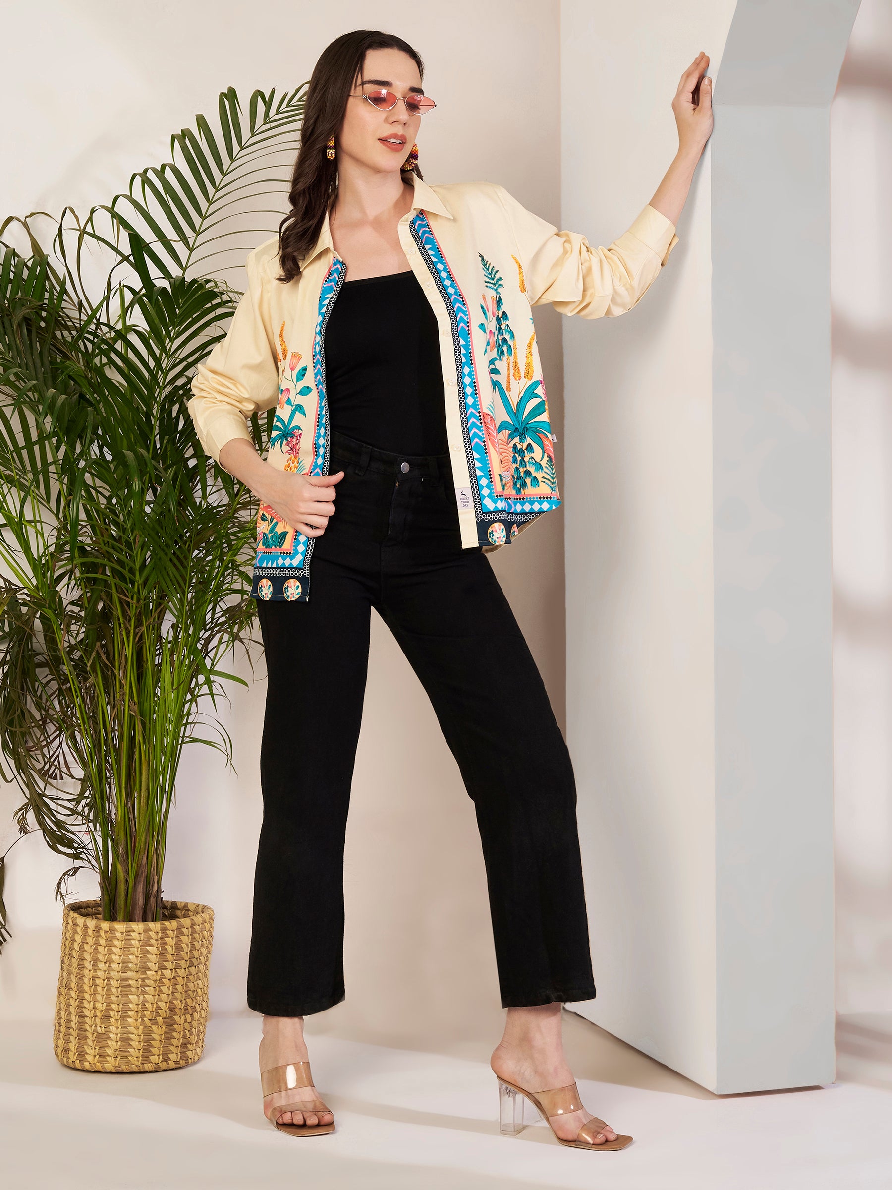 Women's Tropical Botanical Print Full Sleeve Button-Down Shirt