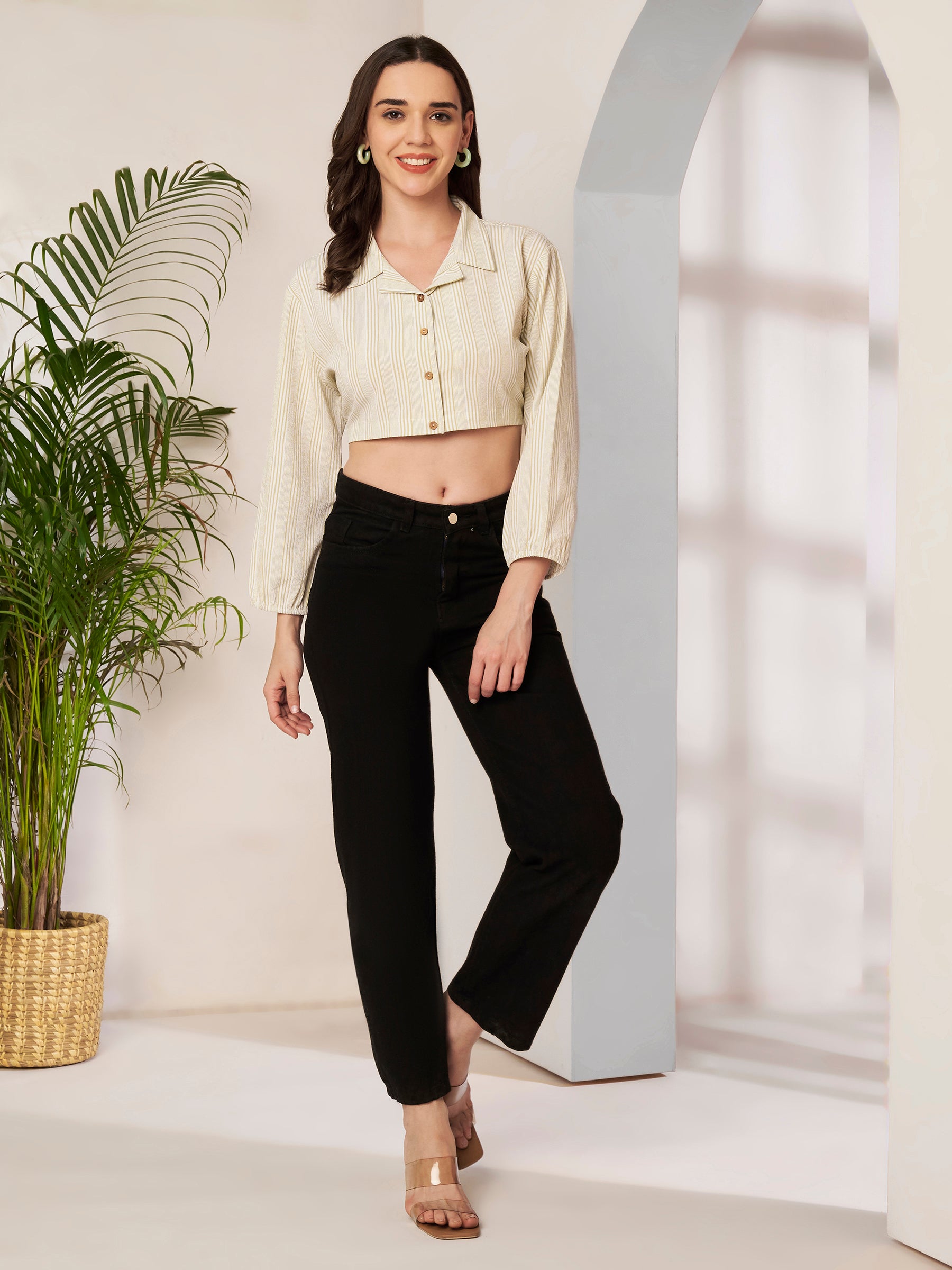Women's Striped Cropped Shirt with Full Sleeves