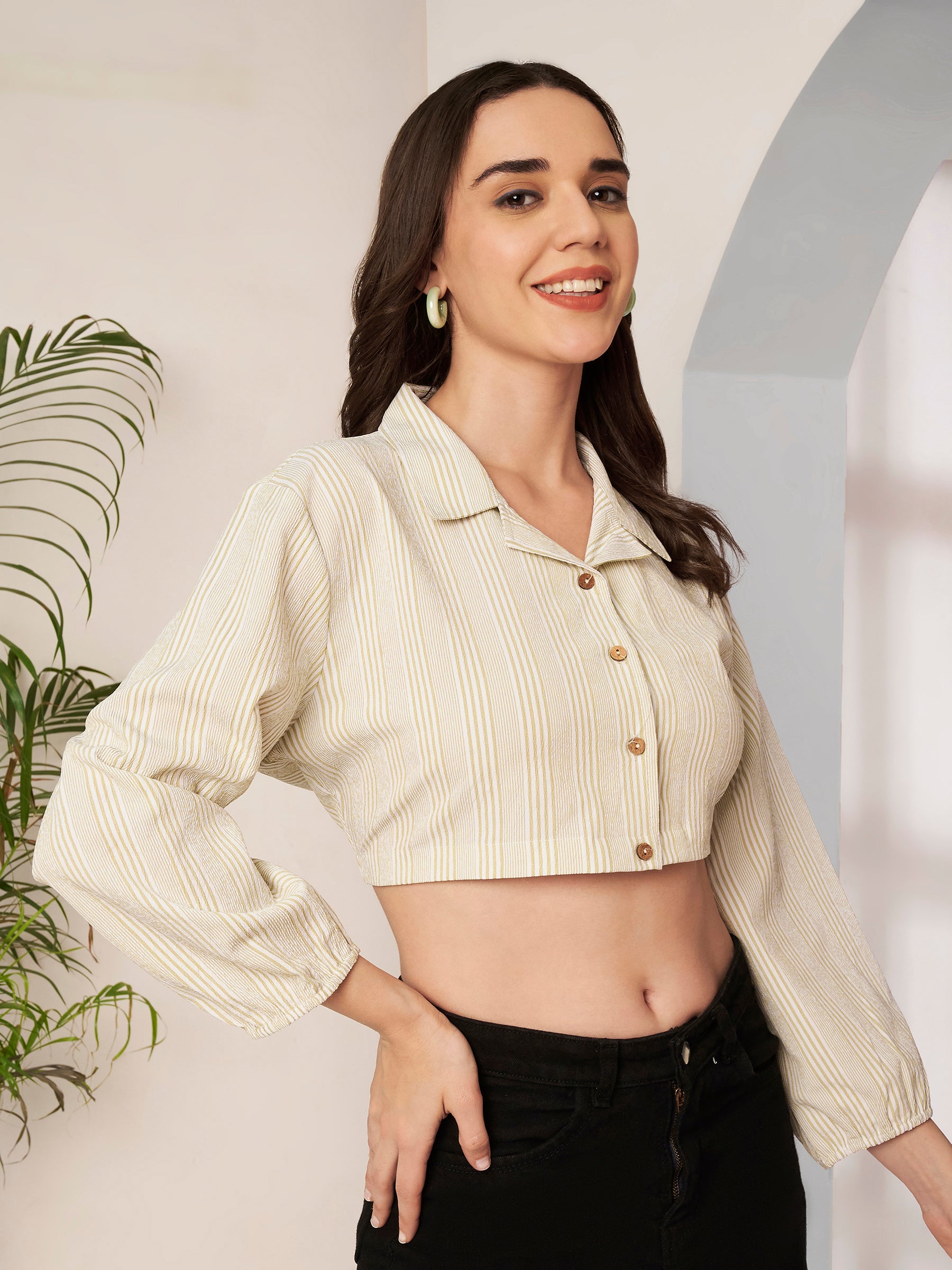 Women's Striped Cropped Shirt with Full Sleeves