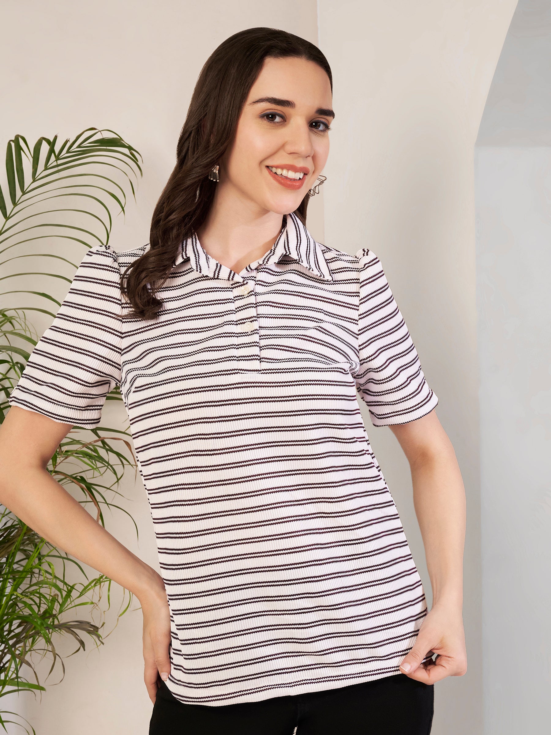 Women's Striped Polo Collar T-Shirt