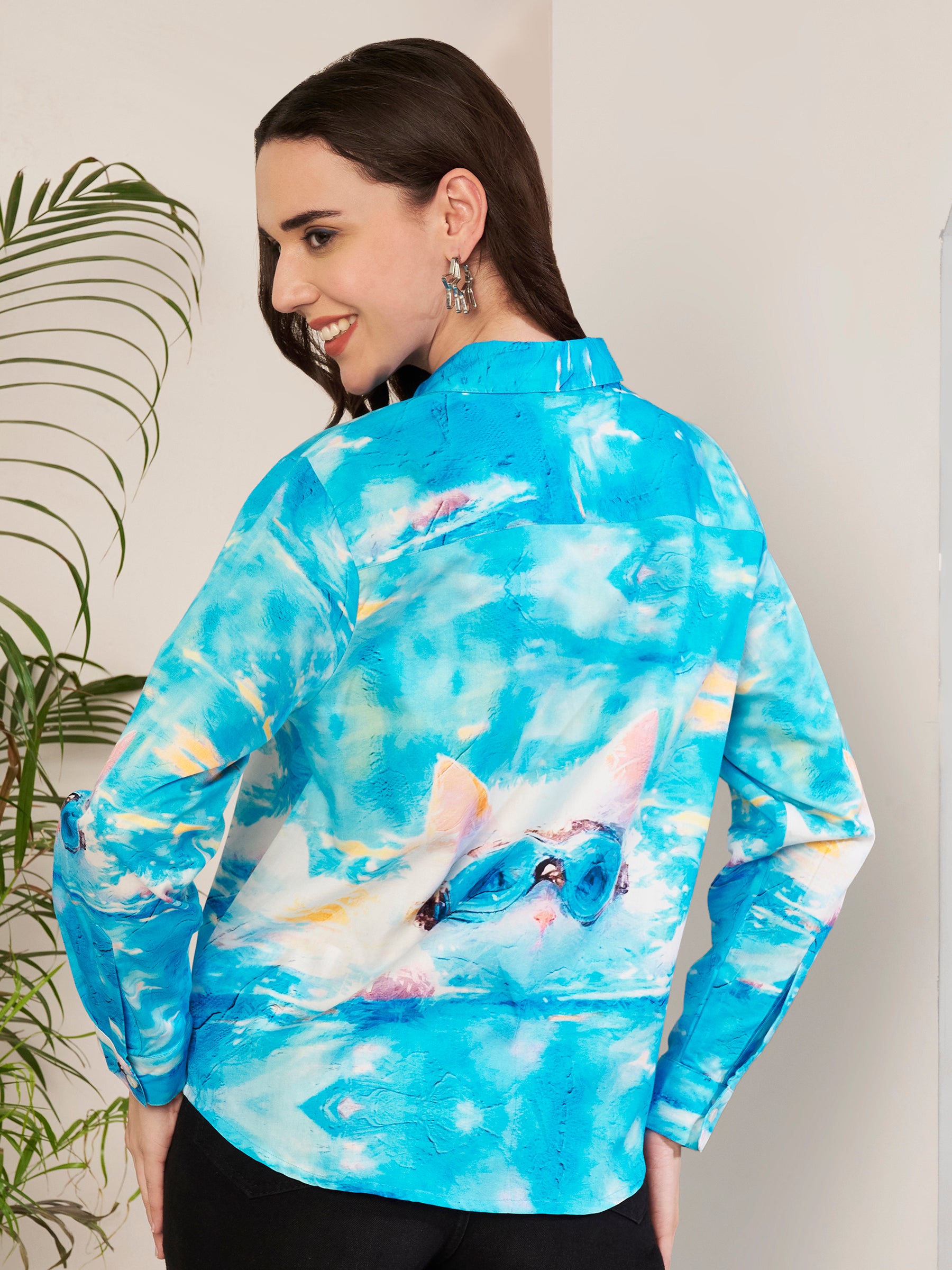 Women's Cool Cat Art Print Full Sleeve Button-Down Shirt