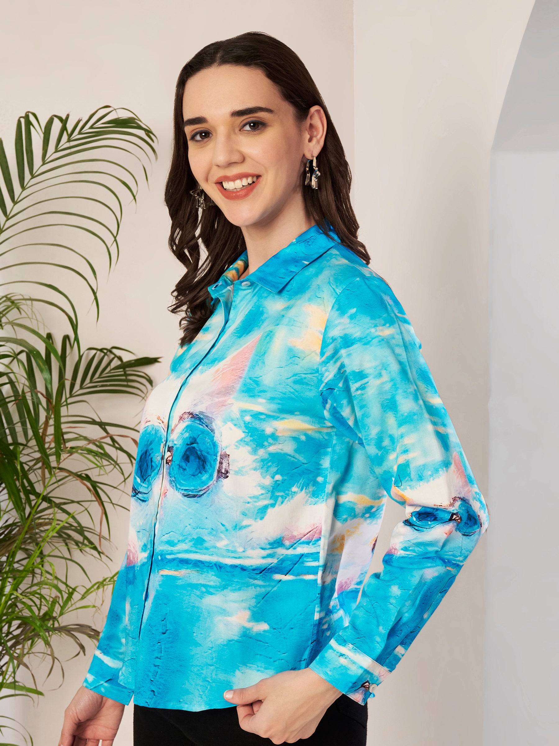 Women's Cool Cat Art Print Full Sleeve Button-Down Shirt