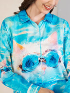 Women's Cool Cat Art Print Full Sleeve Button-Down Shirt