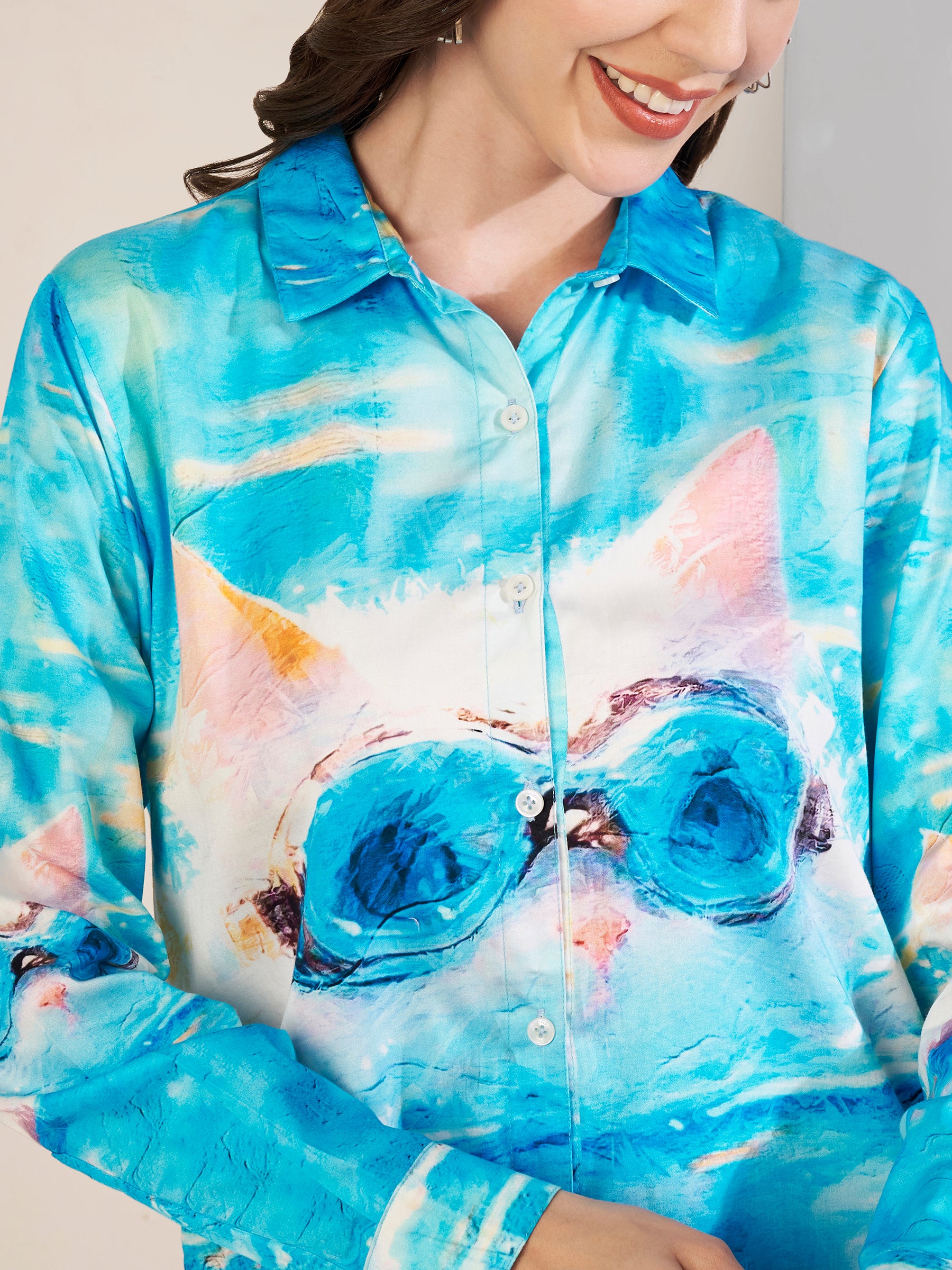 Women's Cool Cat Art Print Full Sleeve Button-Down Shirt