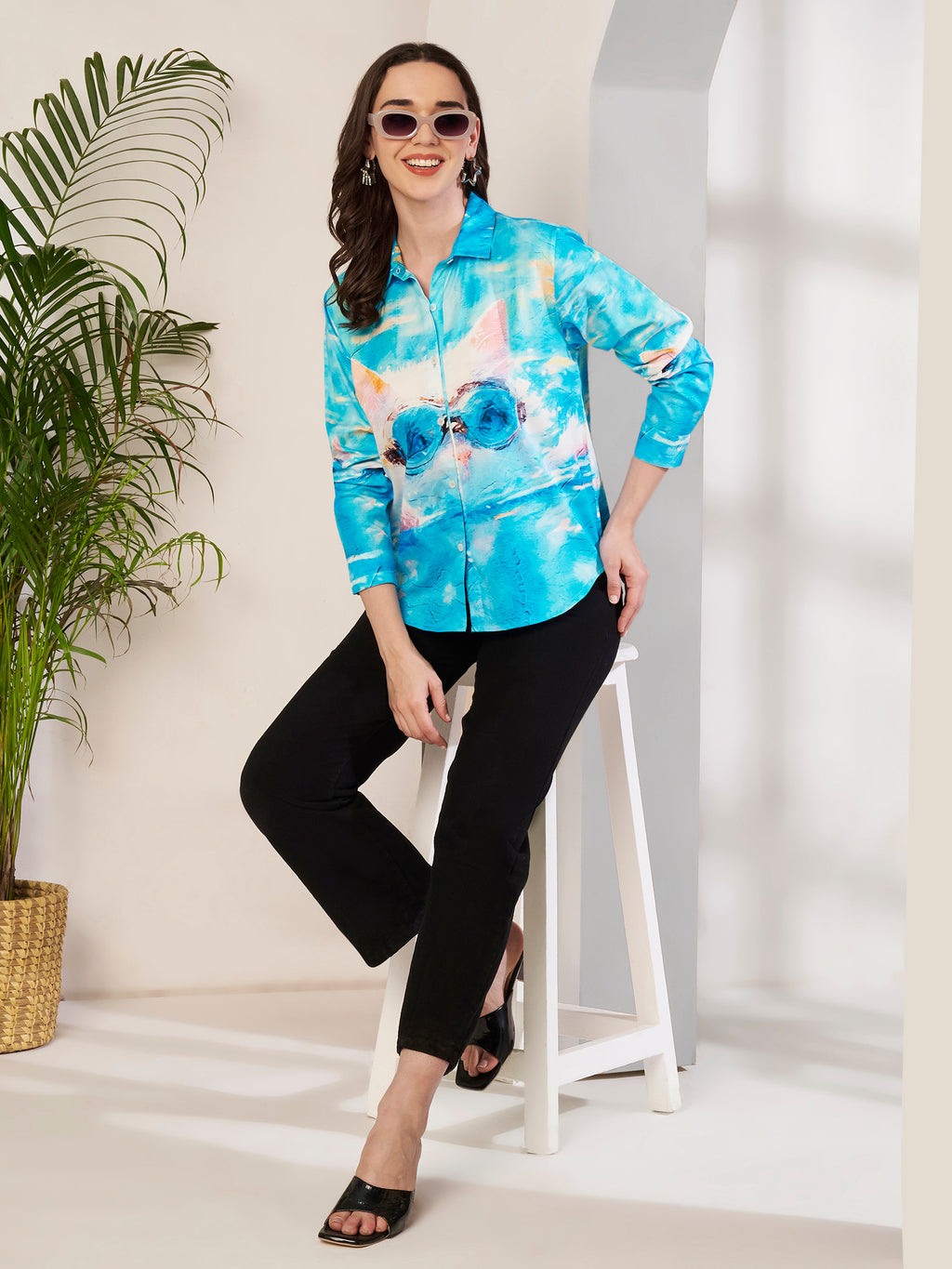 Women's Cool Cat Art Print Full Sleeve Button-Down Shirt