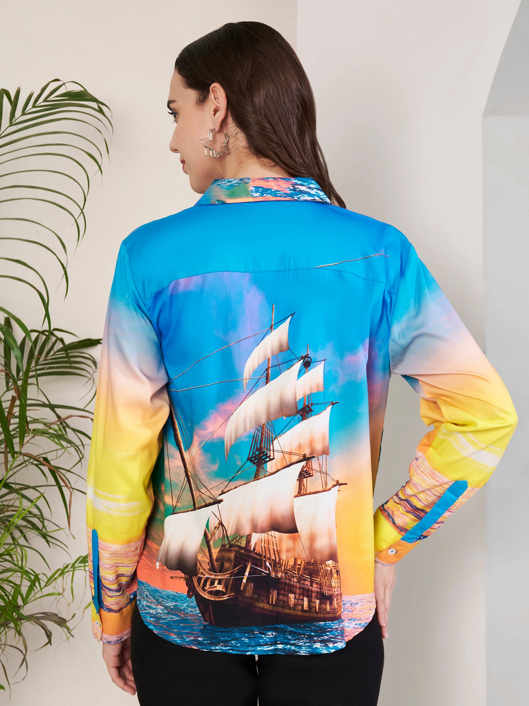 Women's Colorful Sailing Ship Print Full Sleeve Button-Down Shirt