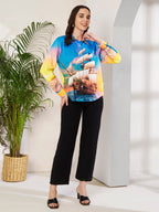 Women's Colorful Sailing Ship Print Full Sleeve Button-Down Shirt