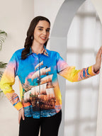 Women's Colorful Sailing Ship Print Full Sleeve Button-Down Shirt