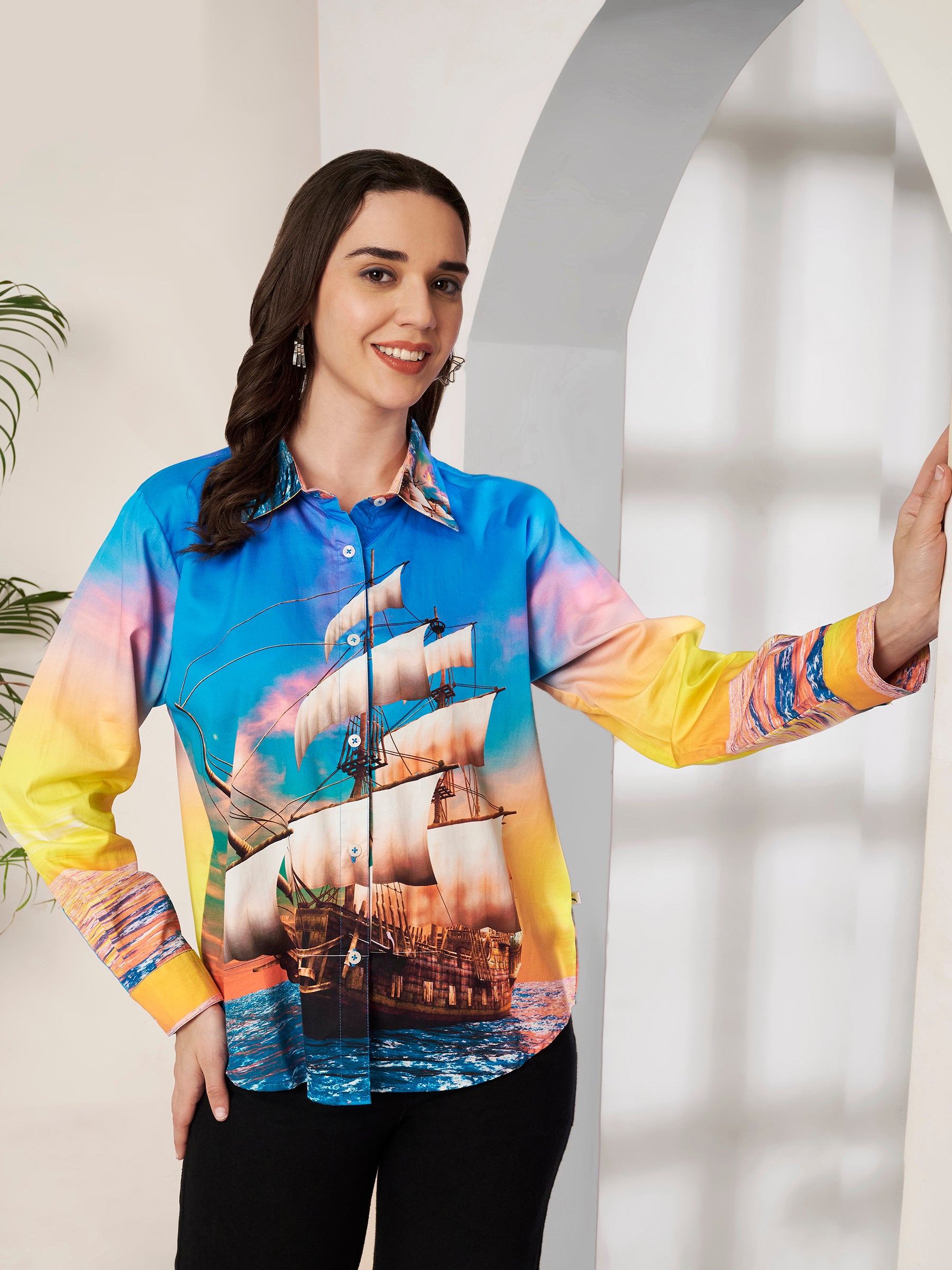 Women's Colorful Sailing Ship Print Full Sleeve Button-Down Shirt