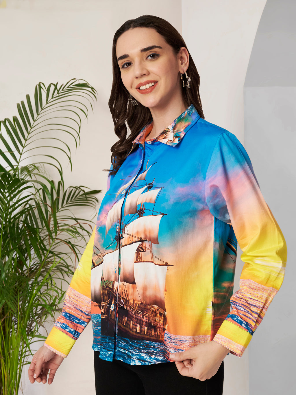 Women's Colorful Sailing Ship Print Full Sleeve Button-Down Shirt