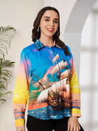 Women's Colorful Sailing Ship Print Full Sleeve Button-Down Shirt