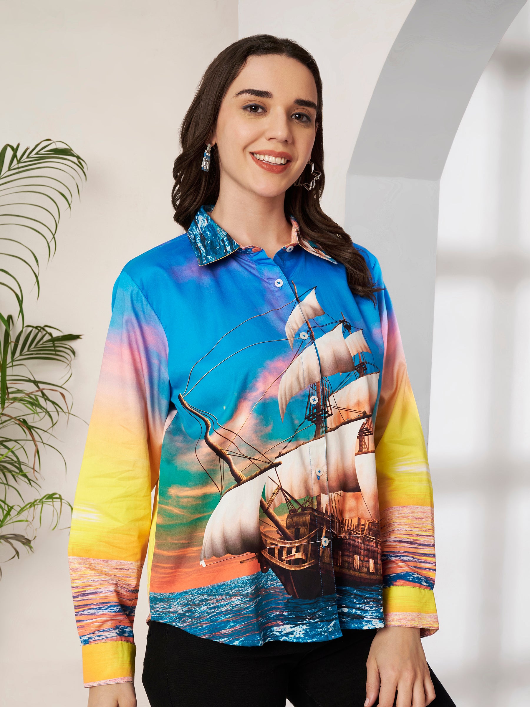 Women's Colorful Sailing Ship Print Full Sleeve Button-Down Shirt