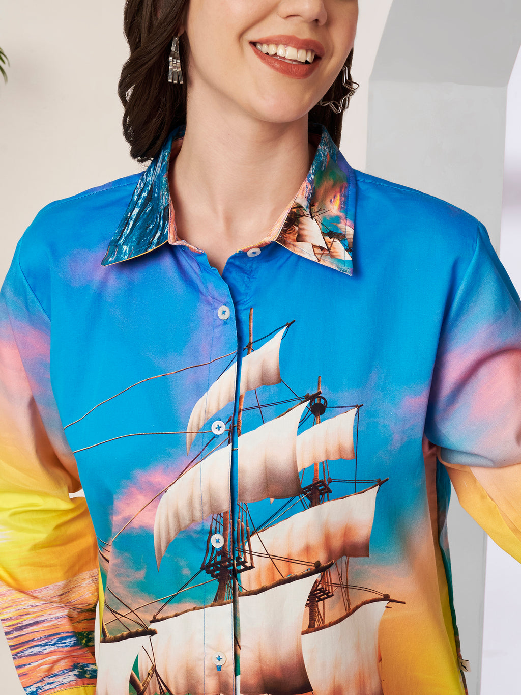 Women's Colorful Sailing Ship Print Full Sleeve Button-Down Shirt