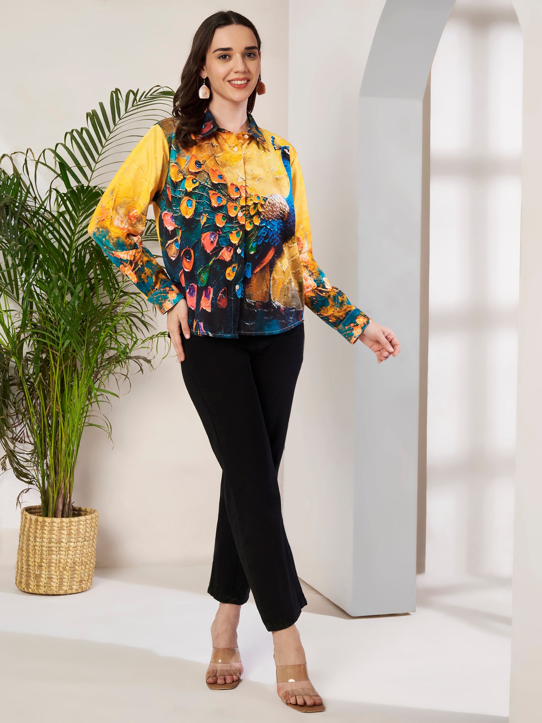 Women's Peacock Art Print Full Sleeve Button-Down Shirt
