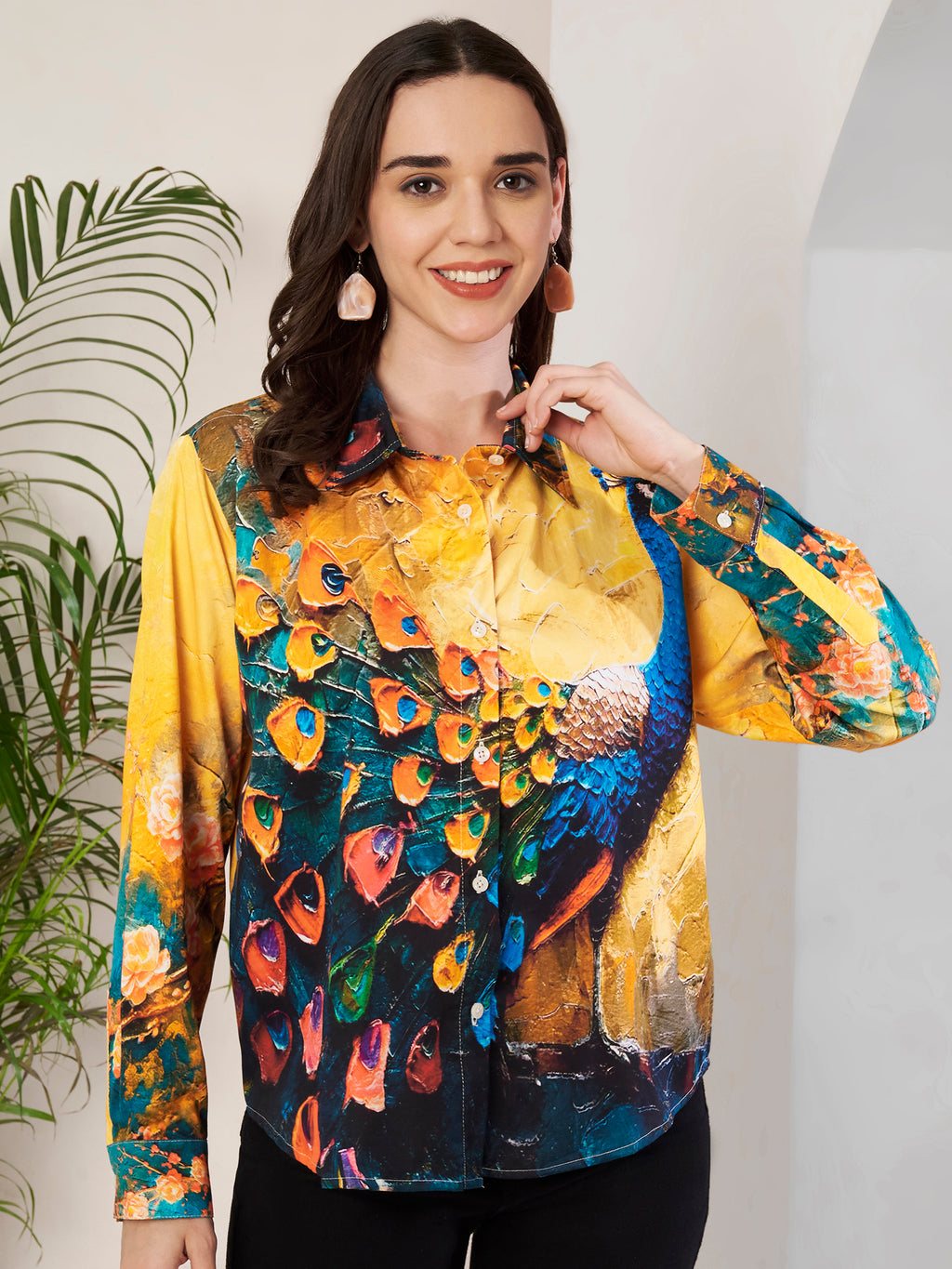 Women's Peacock Art Print Full Sleeve Button-Down Shirt