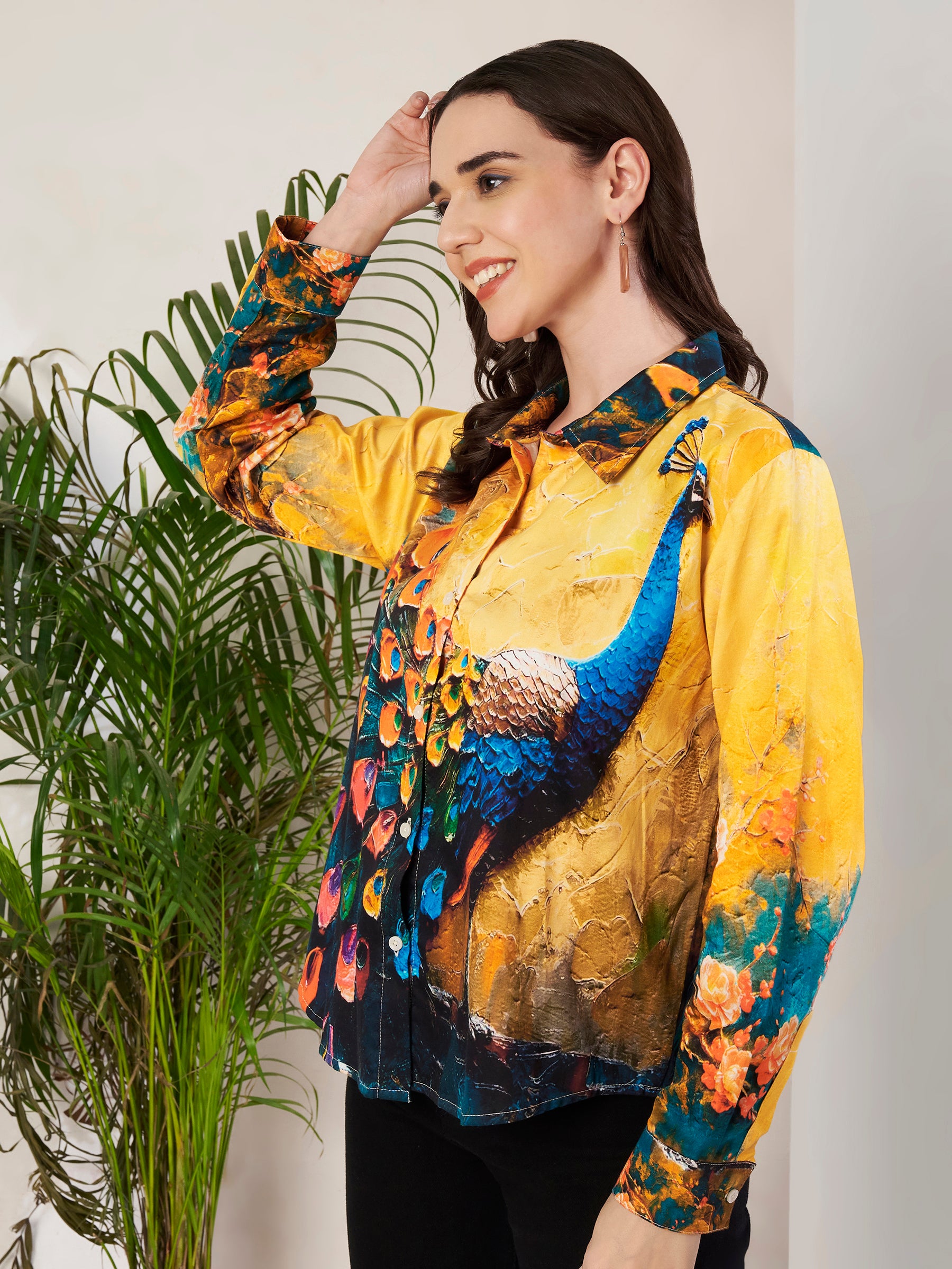 Women's Peacock Art Print Full Sleeve Button-Down Shirt