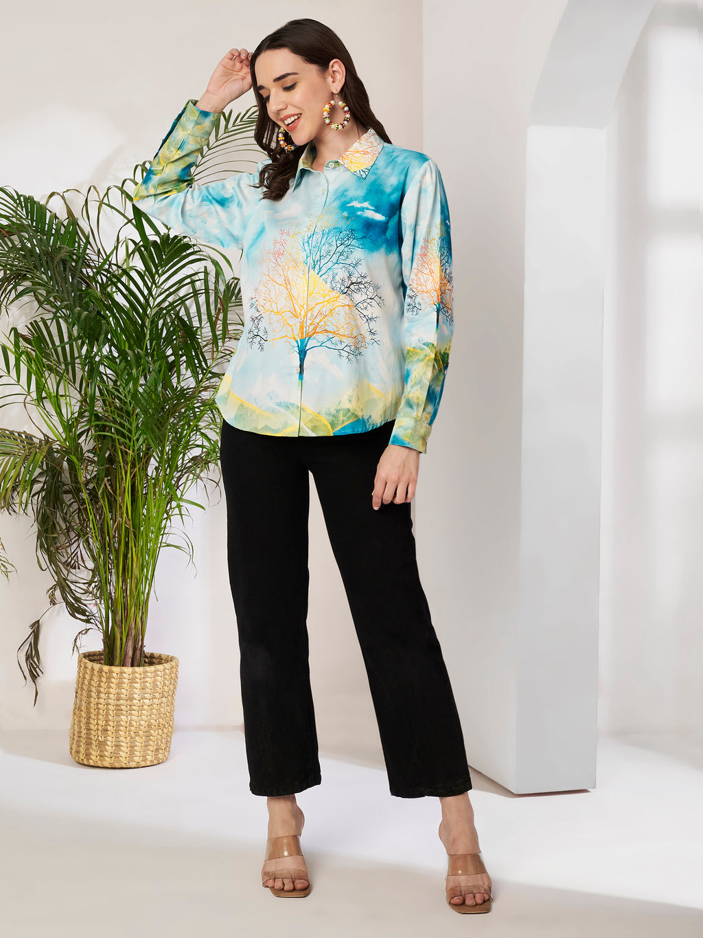 Women's Artistic Tree Print Full Sleeve Button-Down Shirt