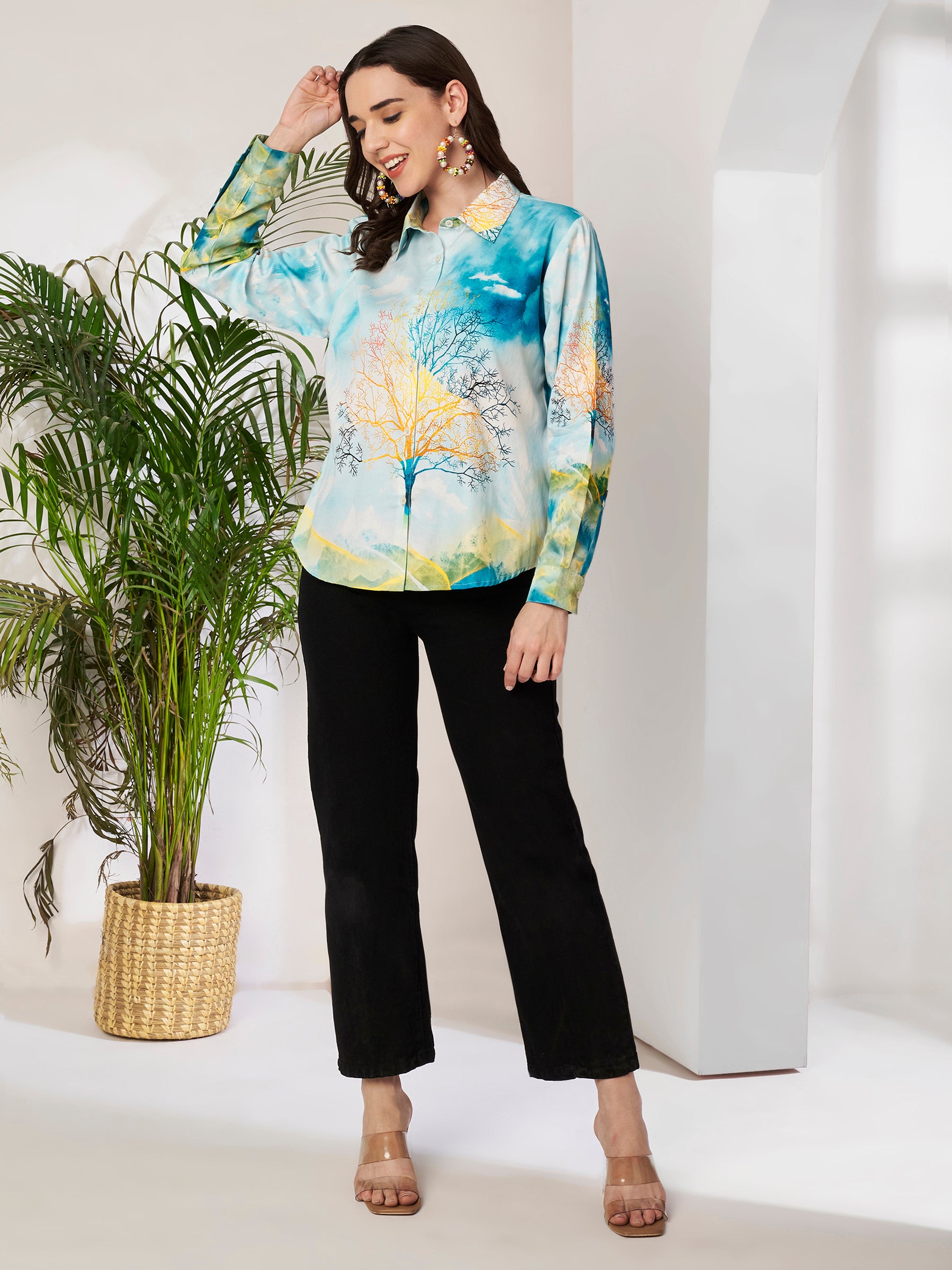 Women's Artistic Tree Print Full Sleeve Button-Down Shirt