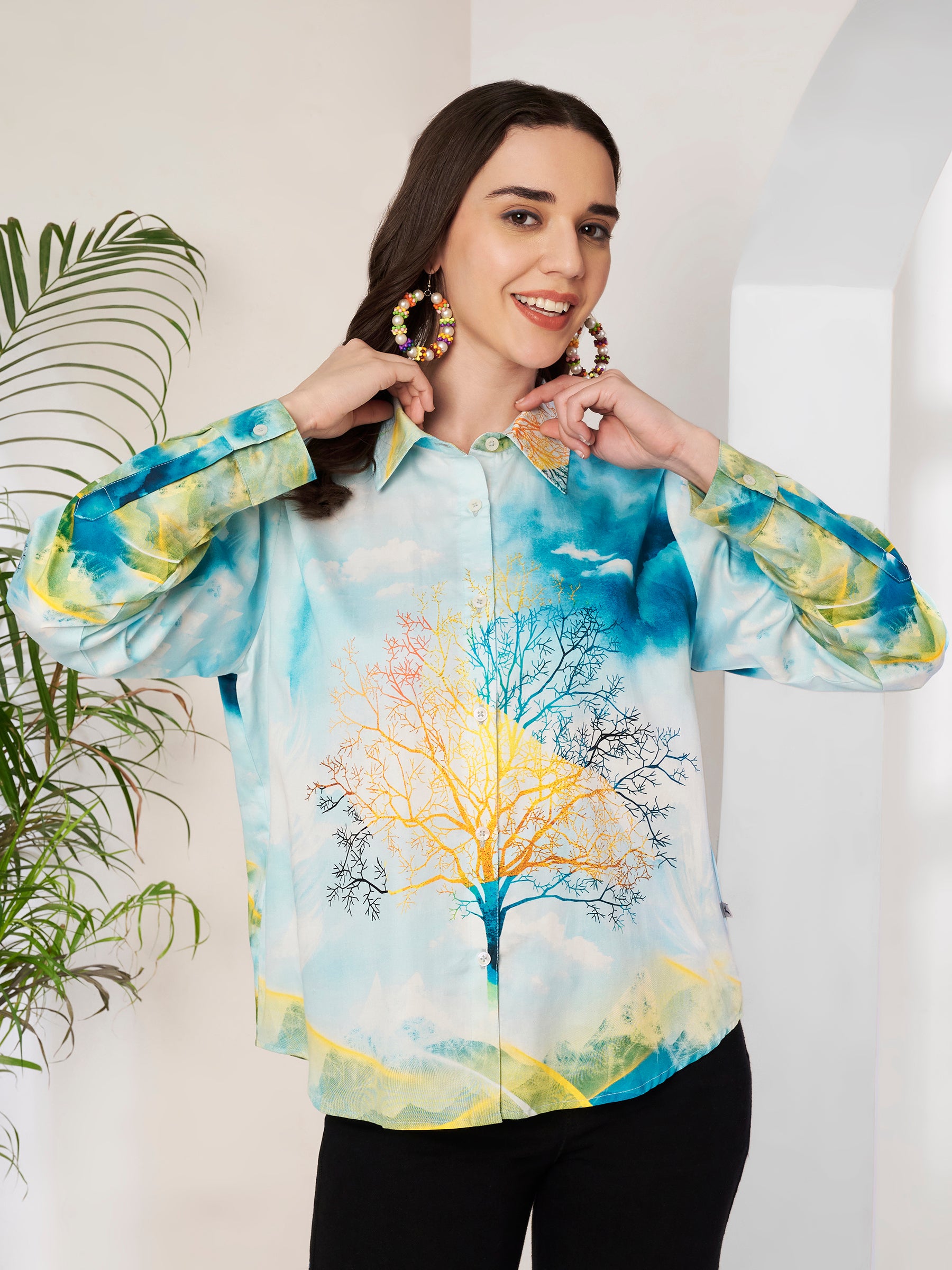 Women's Artistic Tree Print Full Sleeve Button-Down Shirt