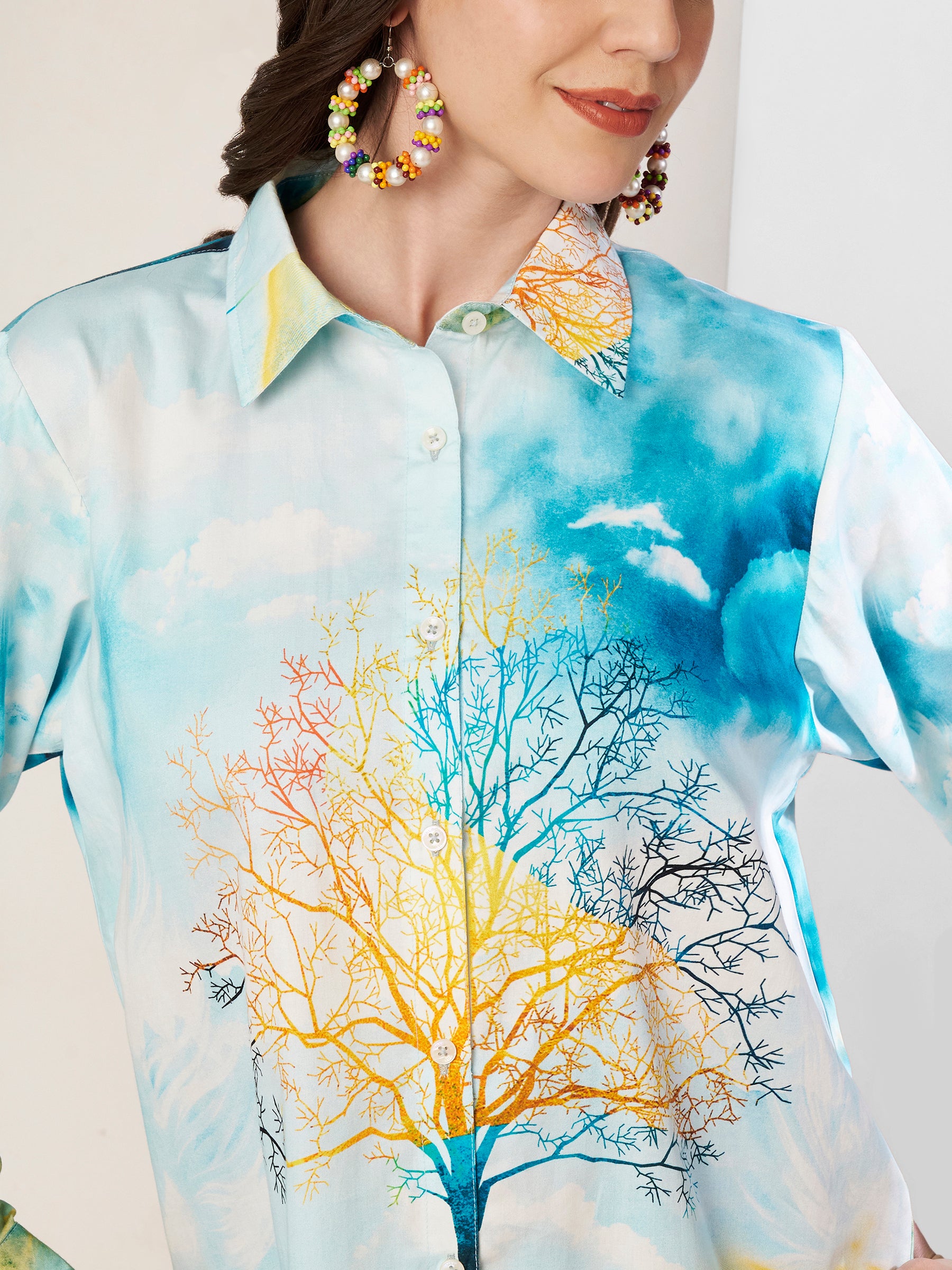 Women's Artistic Tree Print Full Sleeve Button-Down Shirt