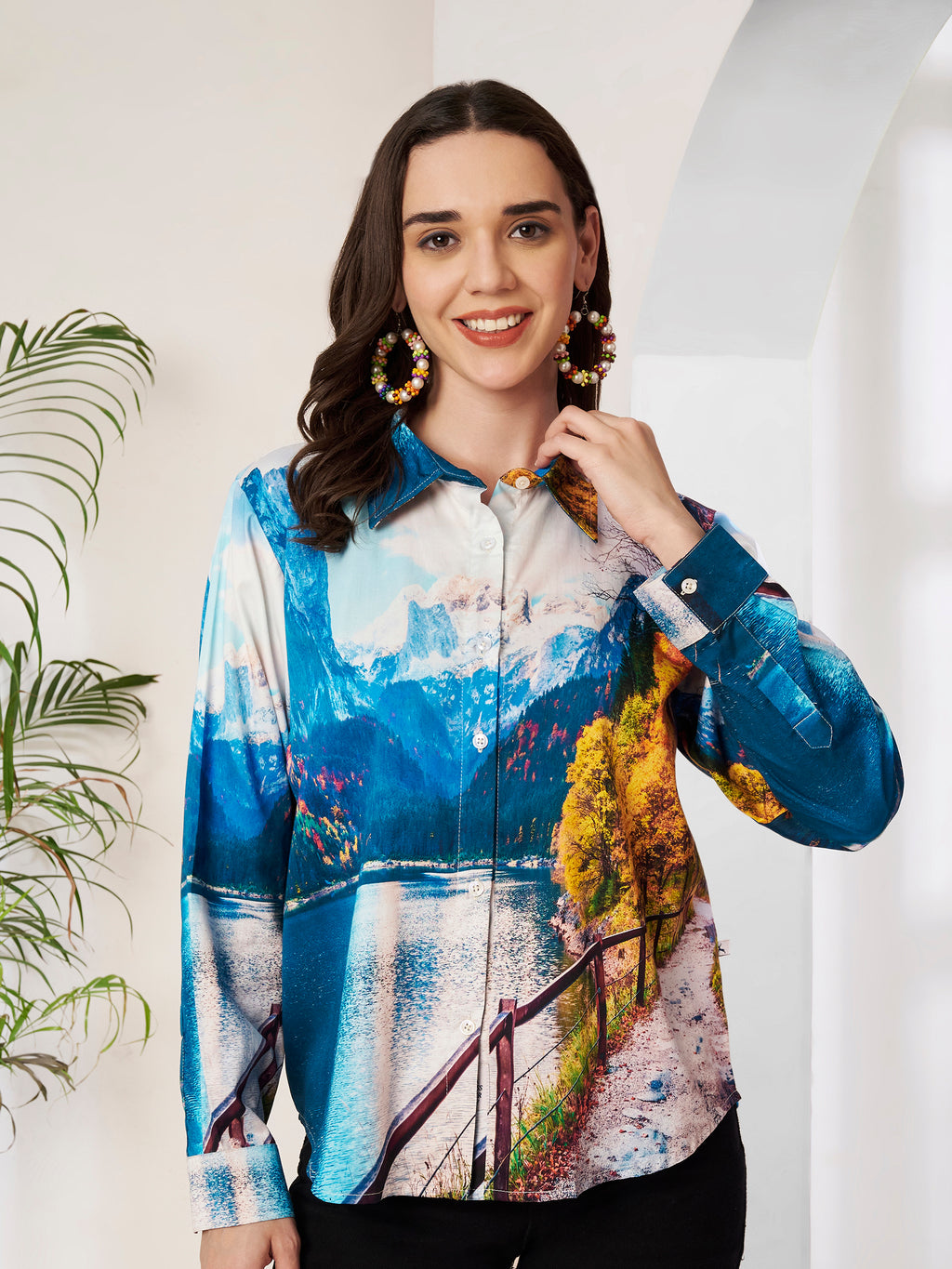 Women's Scenic Mountain Lake Print Full Sleeve Button-Down Shirt