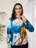 Women's Scenic Mountain Lake Print Full Sleeve Button-Down Shirt