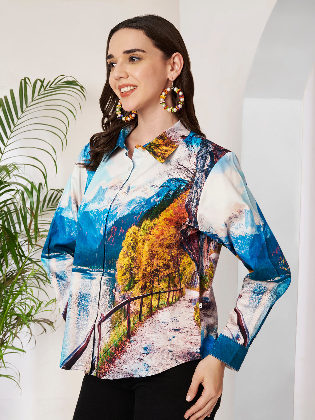 Women's Scenic Mountain Lake Print Full Sleeve Button-Down Shirt
