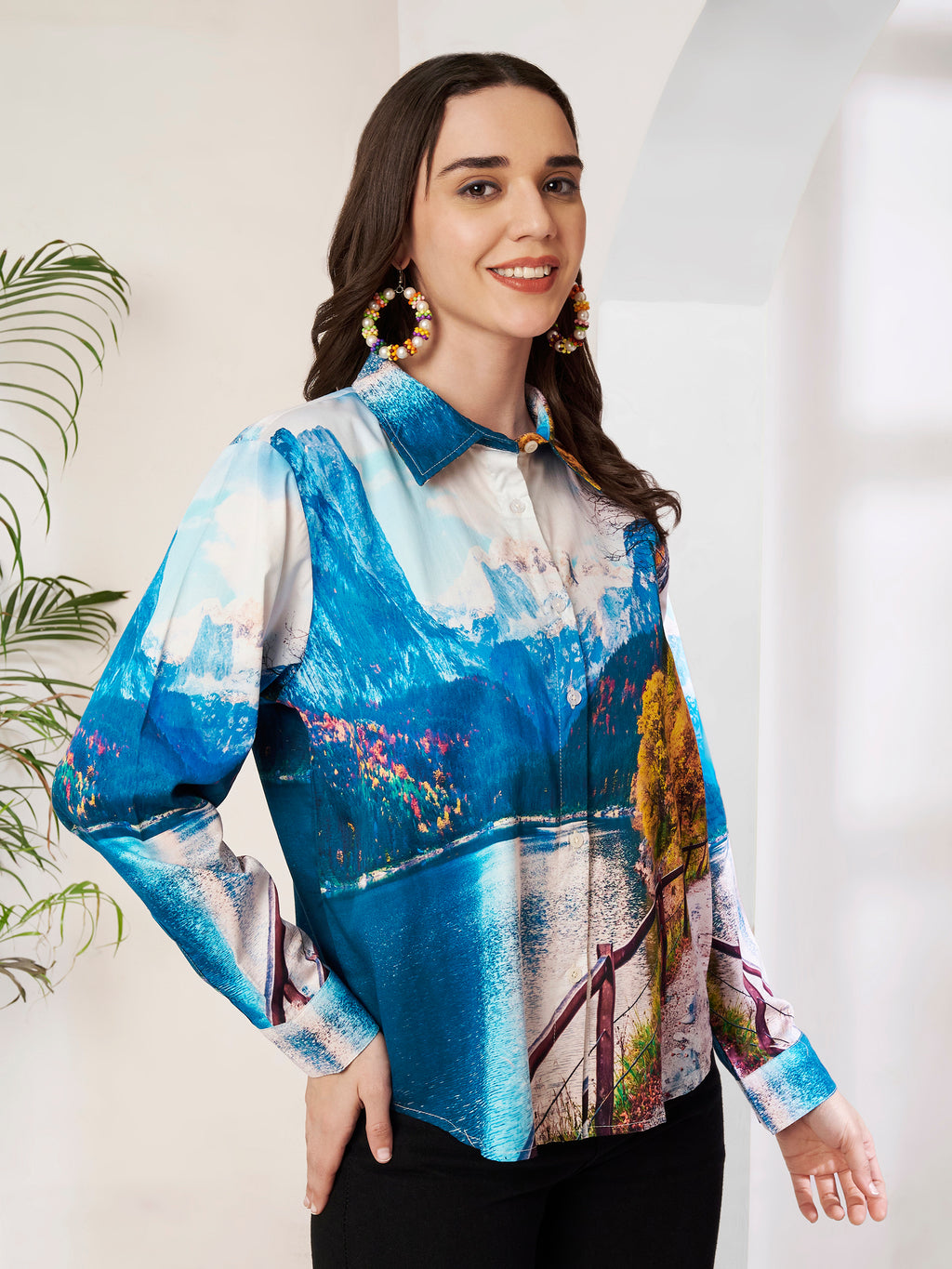 Women's Scenic Mountain Lake Print Full Sleeve Button-Down Shirt